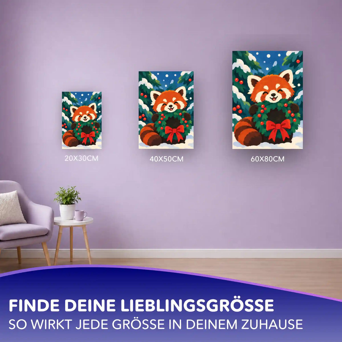 Malen nach Zahlen Erwachsene: Roter Panda mit Tannenkranz in drei Größen (20x30, 40x50, 60x80 cm) an lila Wand
