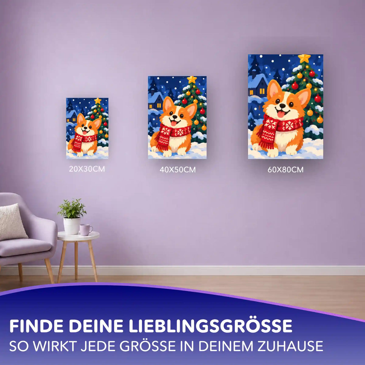 Malen nach Zahlen Corgi mit rotem Schal vor Weihnachtsbaum, in 3 Größen (20x30, 40x50, 60x80 cm) an Wand