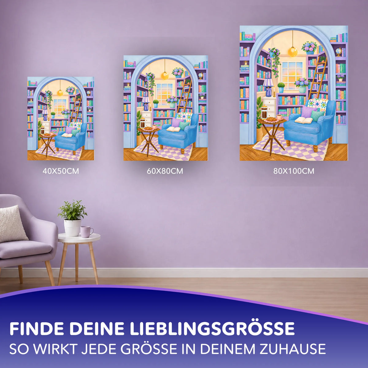 Malen nach Zahlen für Erwachsene Motiv Leseglück in Pastell als Wandbild in verschiedenen Größen zur Raumgestaltung