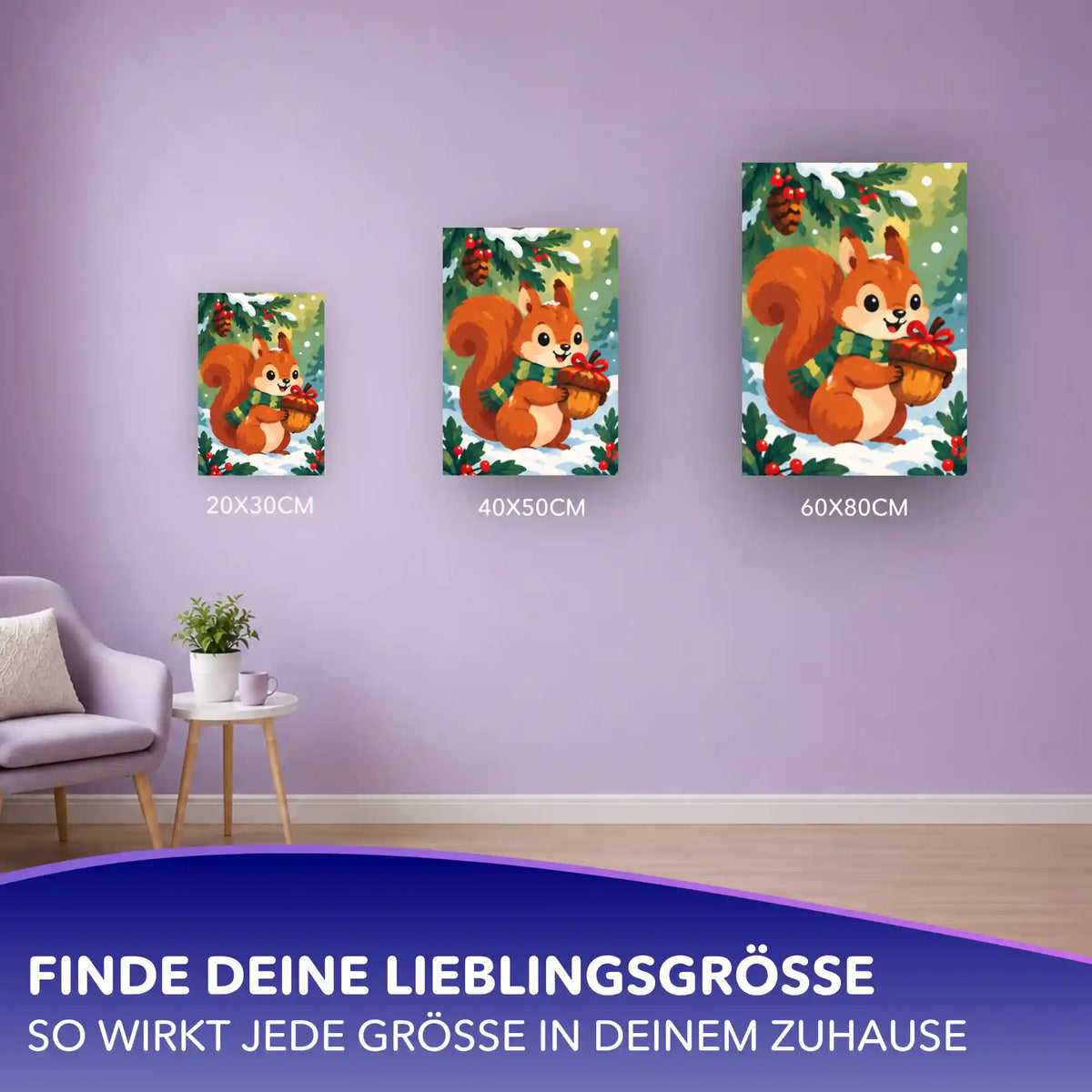 Malen nach Zahlen Eichhörnchen mit Eichel im Schnee in drei Größen 20x30, 40x50 und 60x80 cm an lila Wand