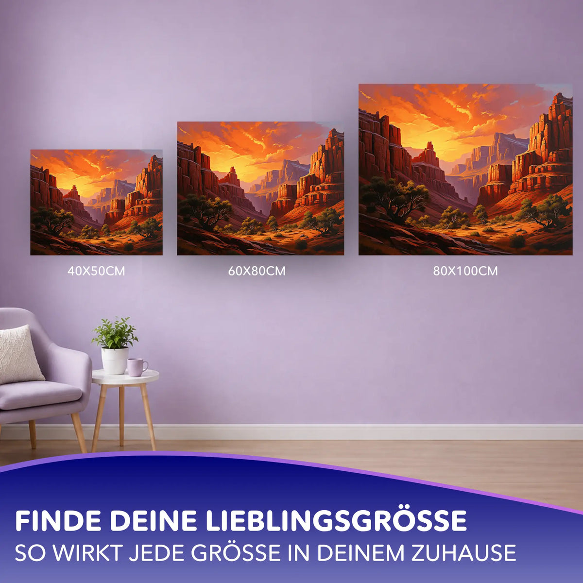 Malen nach Zahlen für Erwachsene Motiv Flammender Canyon in verschiedenen Größen als Wanddekoration präsentiert