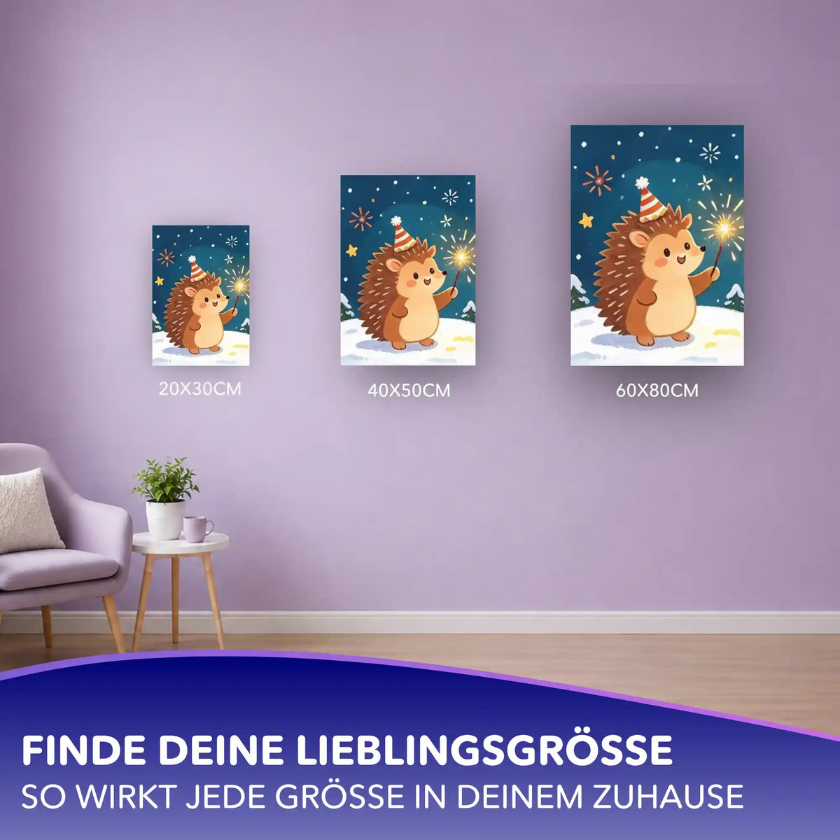 Malen nach Zahlen Igel mit Partyhütchen und Wunderkerze im Schnee, in drei Größen von 20x30 bis 60x80 cm an Wand