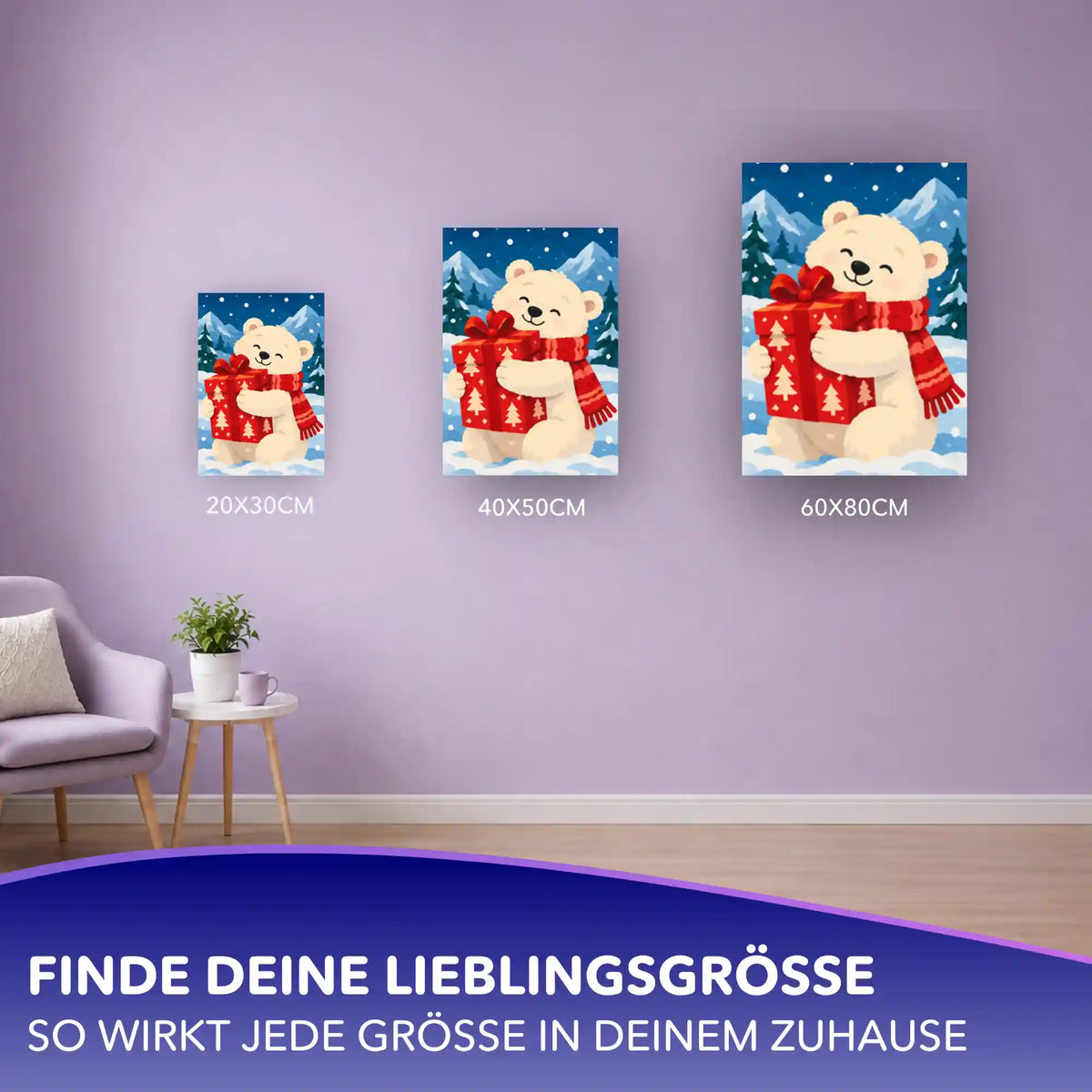 Malen nach Zahlen Weihnachts-Eisbär mit rotem Geschenk in drei Größen (20x30, 40x50, 60x80 cm) an lila Wand