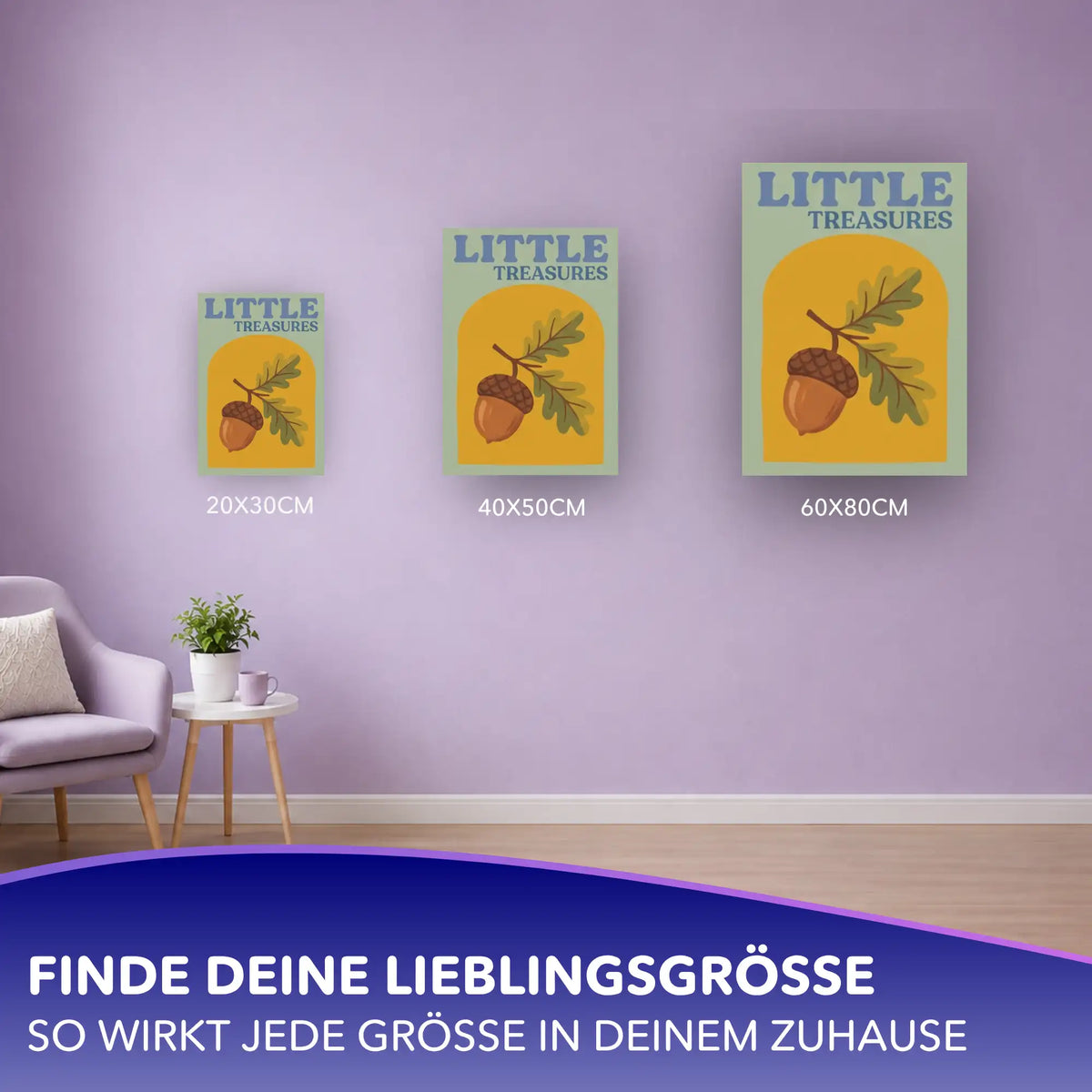 Malen nach Zahlen Little Treasures: Eichel mit Eichenblatt in drei Größen (20x30, 40x50, 60x80 cm) an lila Wand