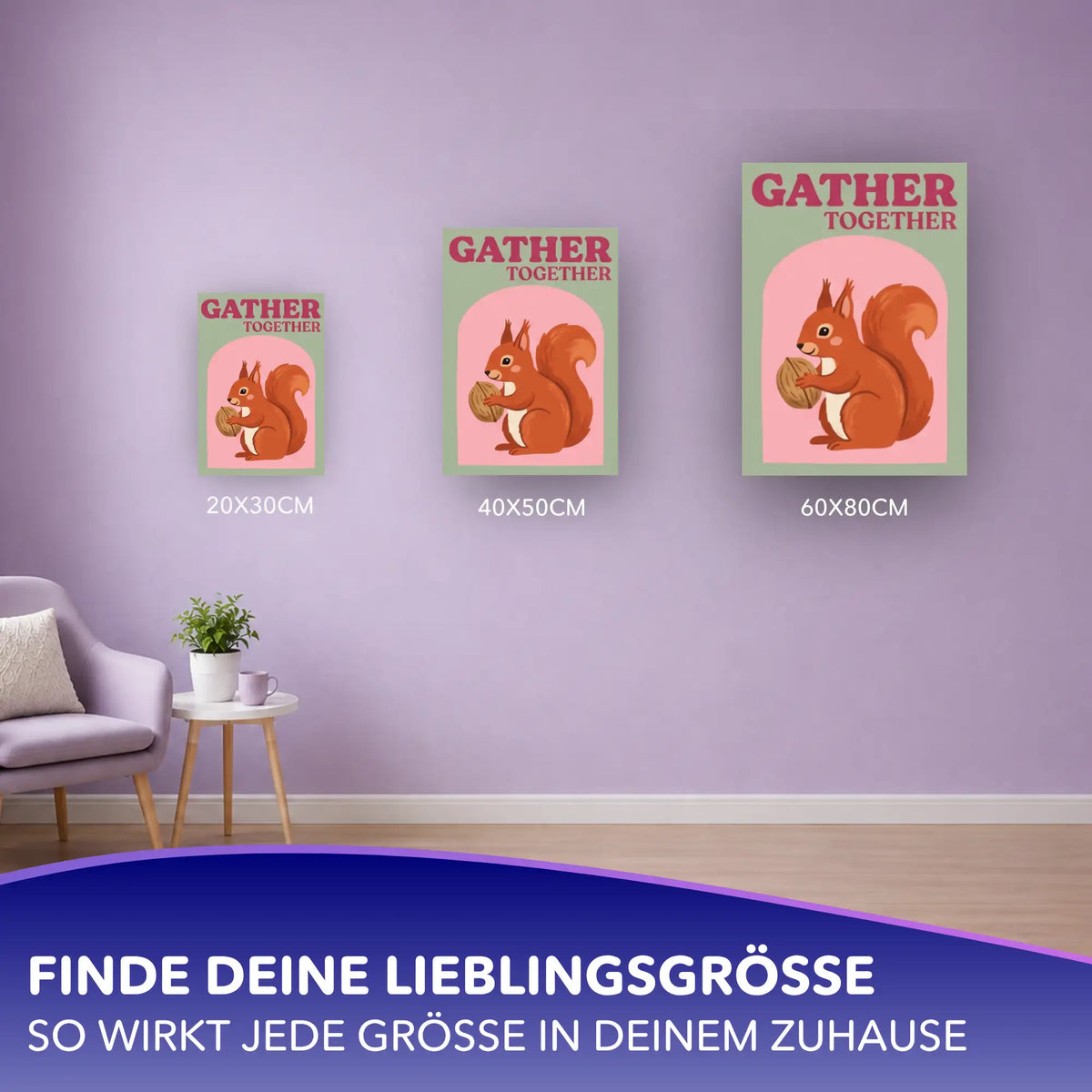Malen nach Zahlen Eichhörnchen mit Nuss in drei Größen (20x30, 40x50, 60x80 cm) an lila Wohnzimmerwand