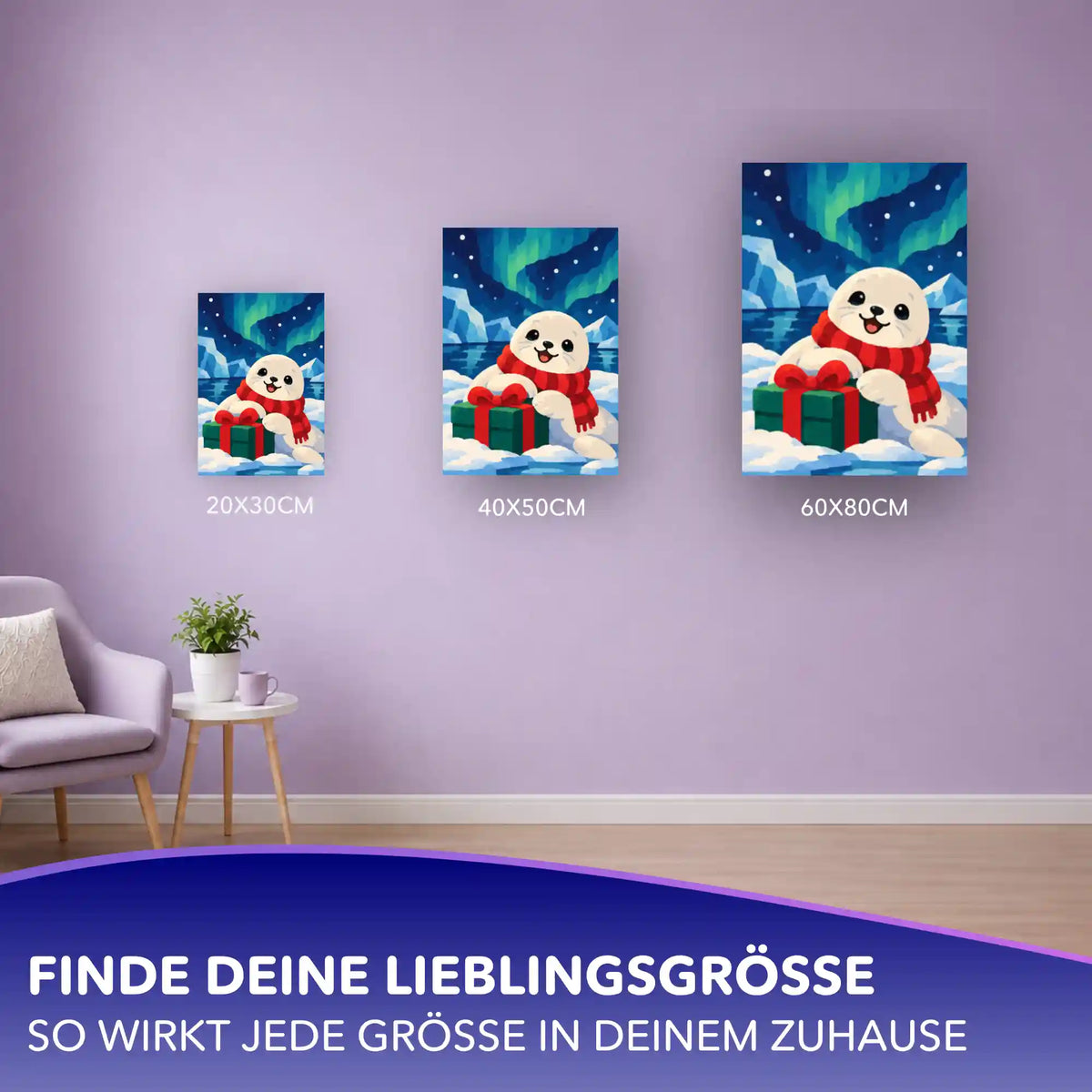 Malen nach Zahlen Seehund mit rotem Schal und Geschenk unter Polarlichtern, in drei Größen an lila Wand