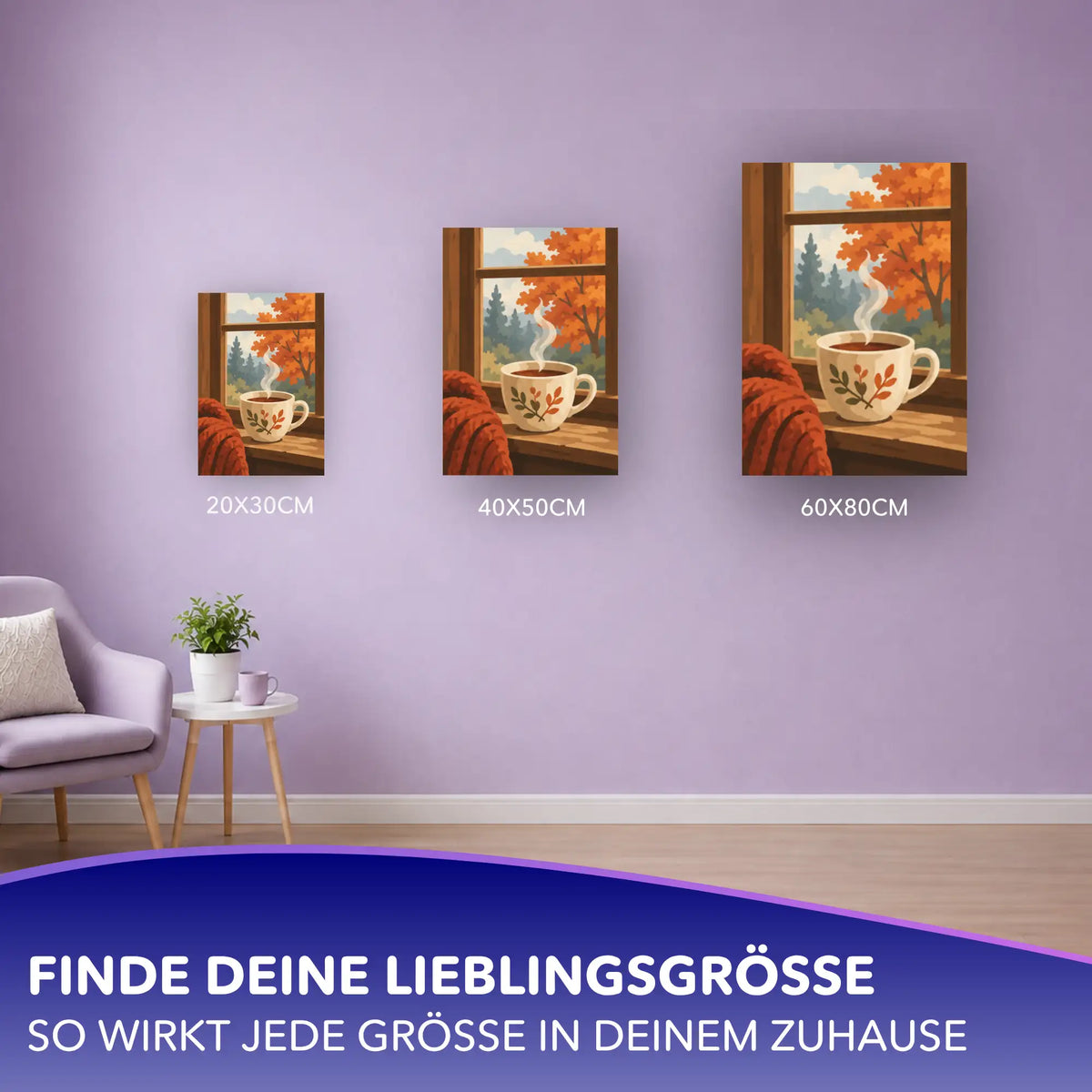 Malen nach Zahlen Herbstmotiv mit Teetasse am Fenster in drei Größen von 20x30 bis 60x80 cm an lila Wand