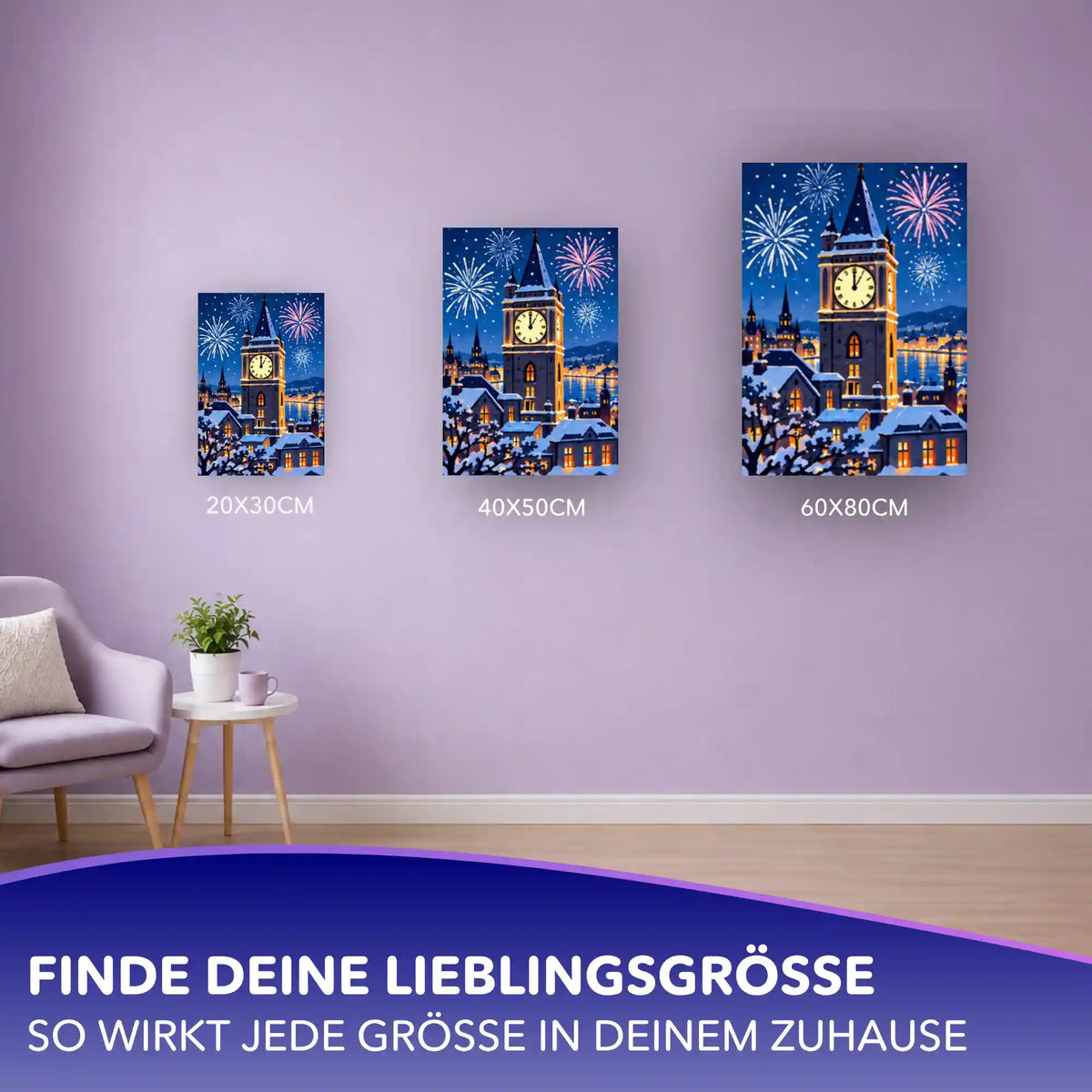 Malen nach Zahlen Festlicher Nachthimmel mit Uhrturm und Feuerwerk in drei Größen an lila Wand, 20x30 bis 60x80 cm