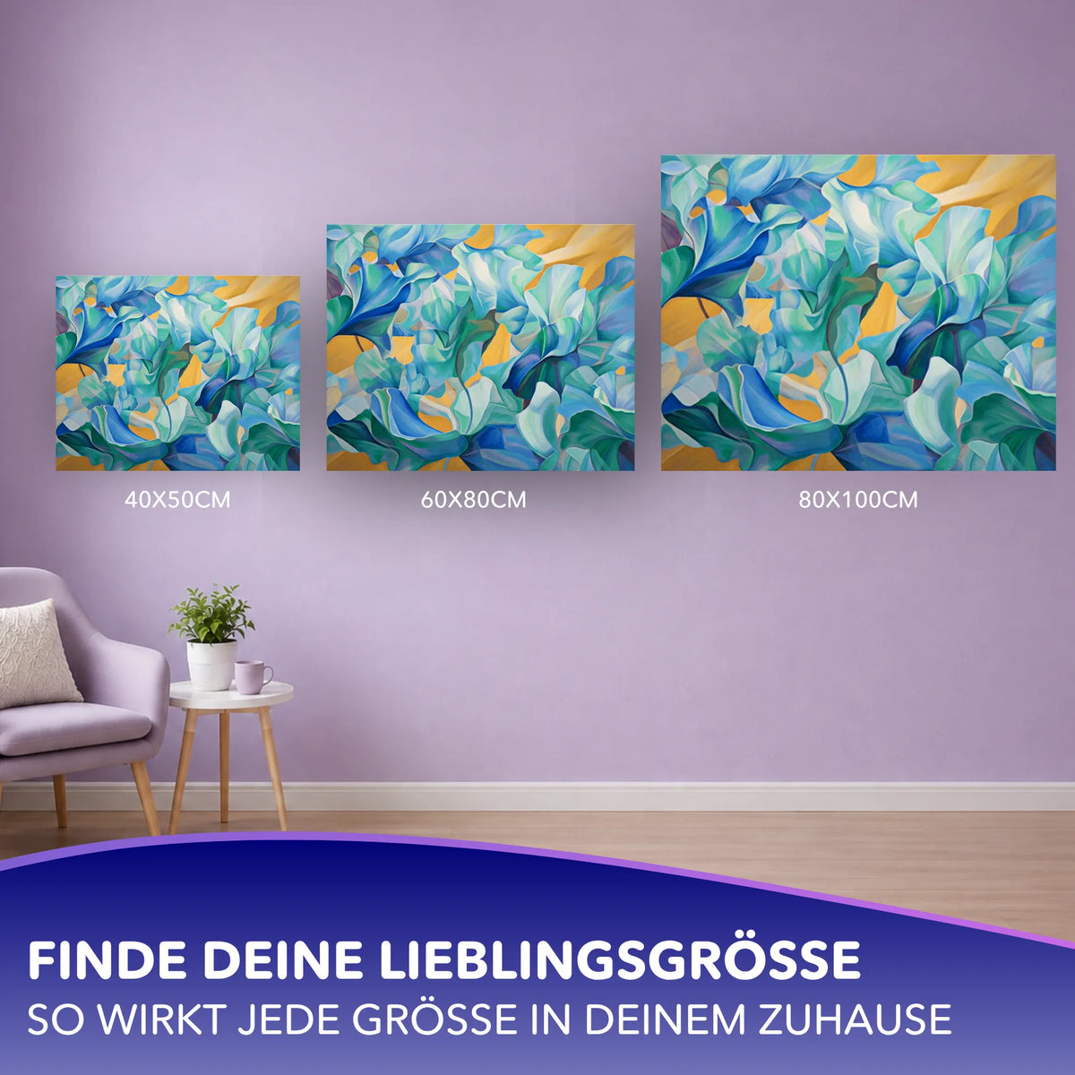 Malen nach Zahlen für Erwachsene Motiv Türkise Träume in verschiedenen Größen an einer Wohnzimmerwand präsentiert.