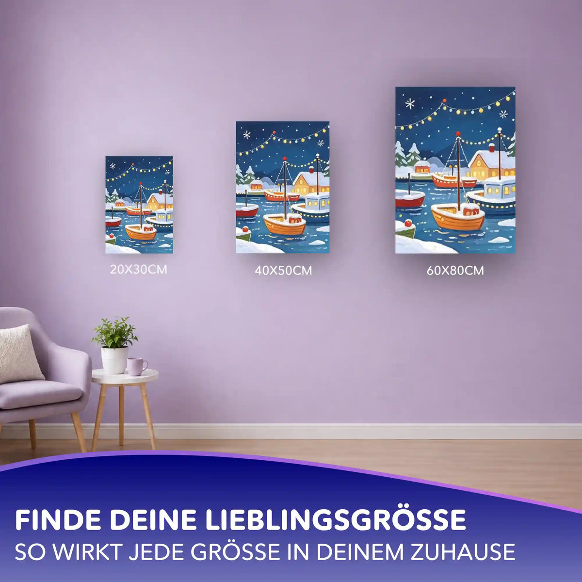 Malen nach Zahlen Lichter im Hafen in drei Größen an lila Wand: verschneite Boote, Lichterkette und Häuser bei Nacht
