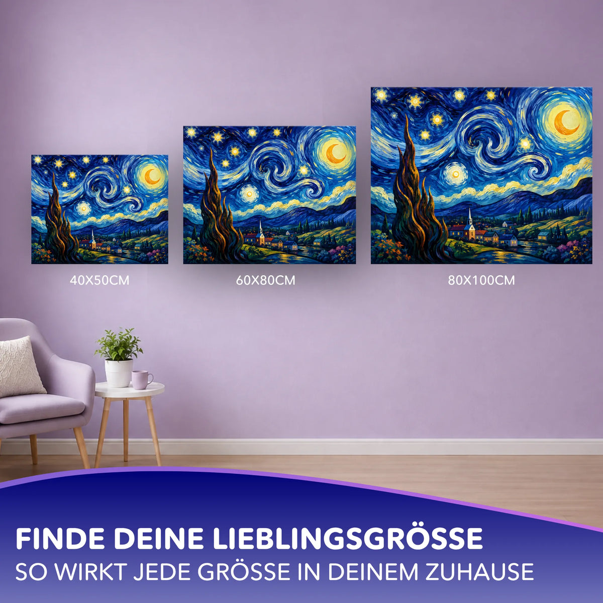 Malen nach Zahlen für Erwachsene Motiv Sternenhimmel in drei verschiedenen Leinwandgrößen an einer lila Wand