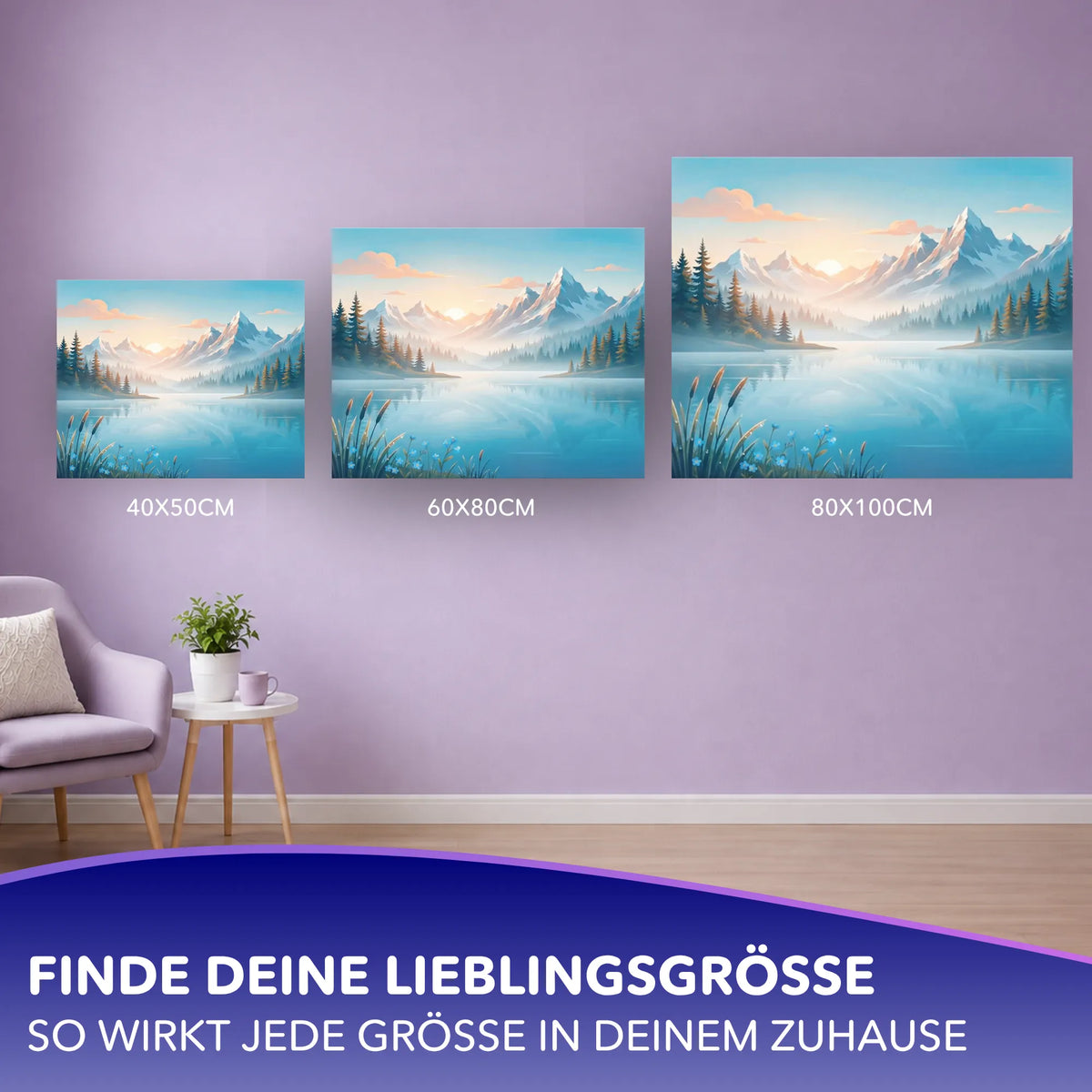 Malen nach Zahlen für Erwachsene Motiv Bergsee bei Sonnenaufgang in verschiedenen Größen an einer Wohnzimmerwand