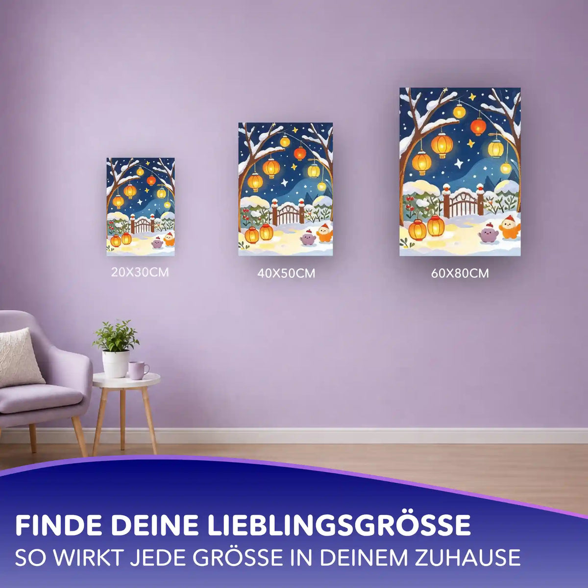 Malen nach Zahlen Wintergarten mit goldenen Laternen in drei Größen (20x30, 40x50, 60x80 cm) an lila Wand