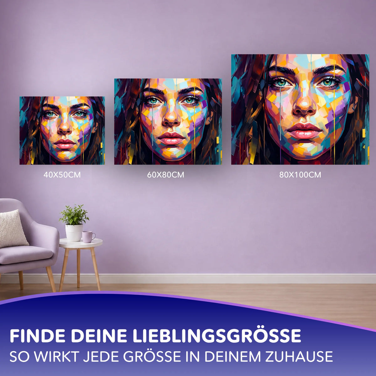 Malen nach Zahlen für Erwachsene: Künstlerisches Frauenporträt mit bunten Mosaikfarben in drei verschiedenen Leinwandgrößen.