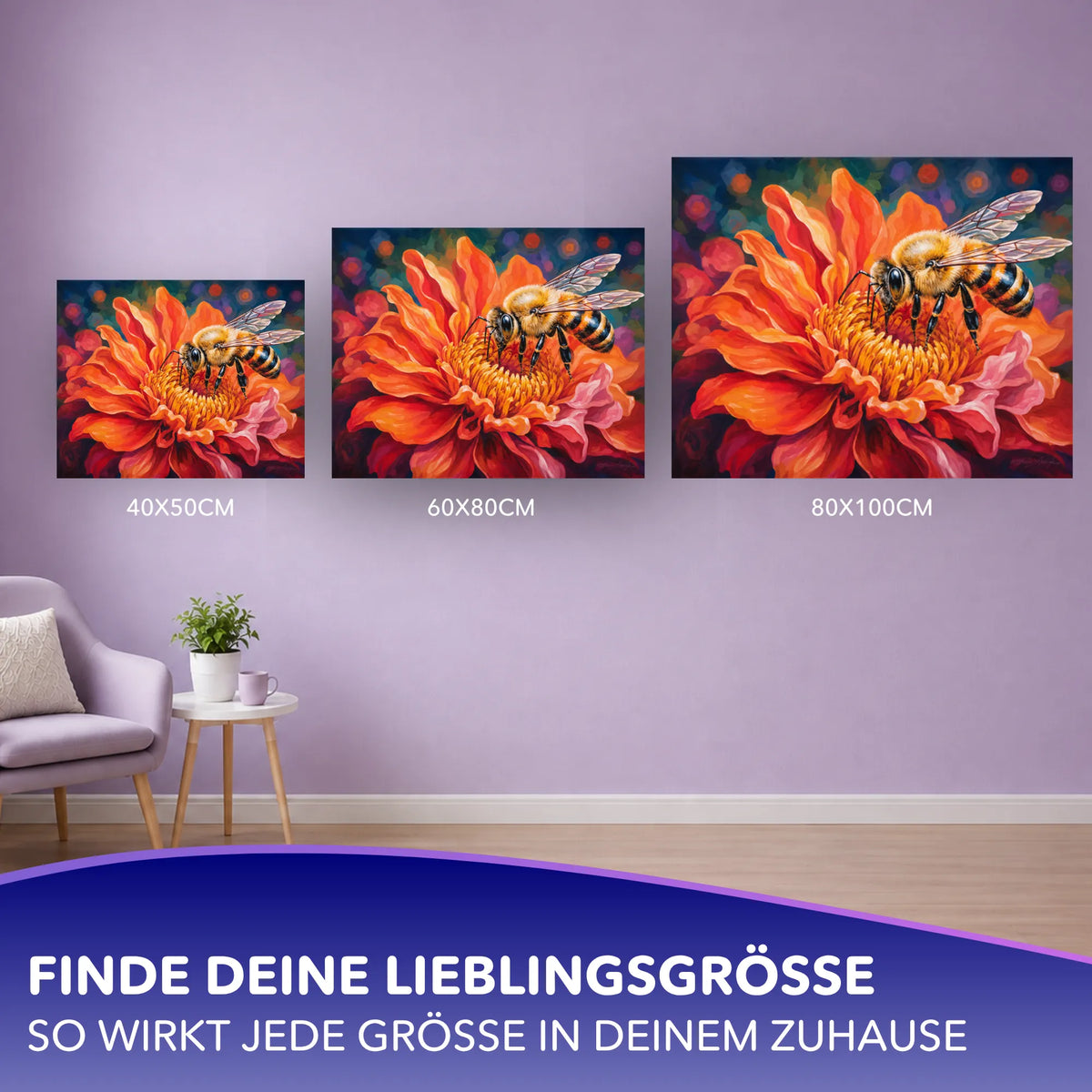 Malen nach Zahlen für Erwachsene Motiv Goldsammlerin: Biene auf orangefarbener Blüte in drei verschiedenen Leinwandgrößen.