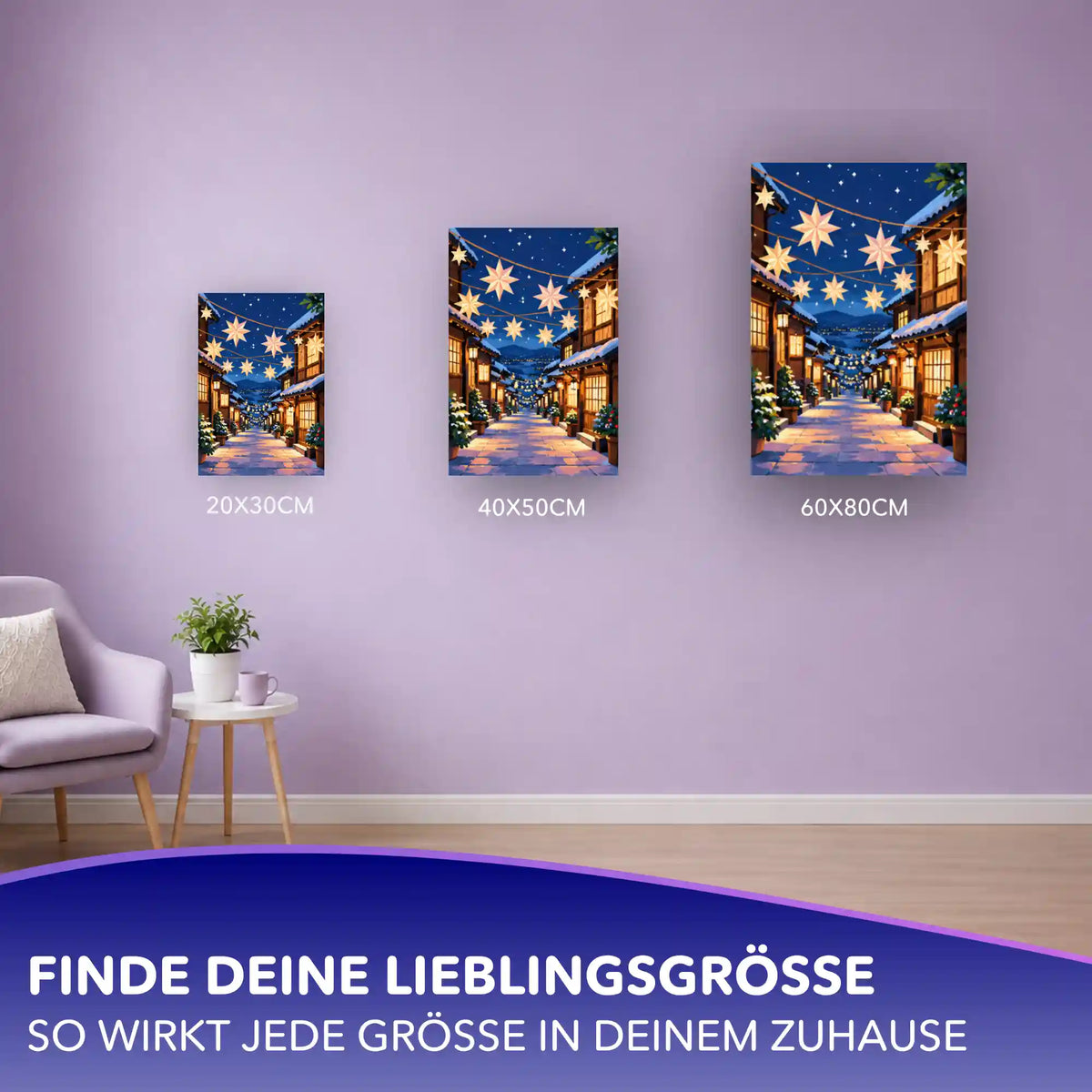 Malen nach Zahlen Erwachsene: Winterliche Gasse mit Papiersternen in 20x30, 40x50 und 60x80 cm an lila Wand