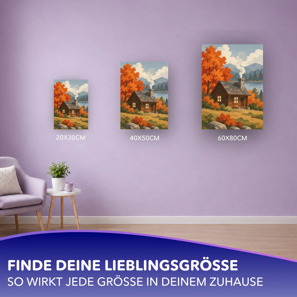 Malen nach Zahlen Herbstidylle: Holzhütte am See in drei Größen von 20x30 bis 60x80 cm an lila Wand