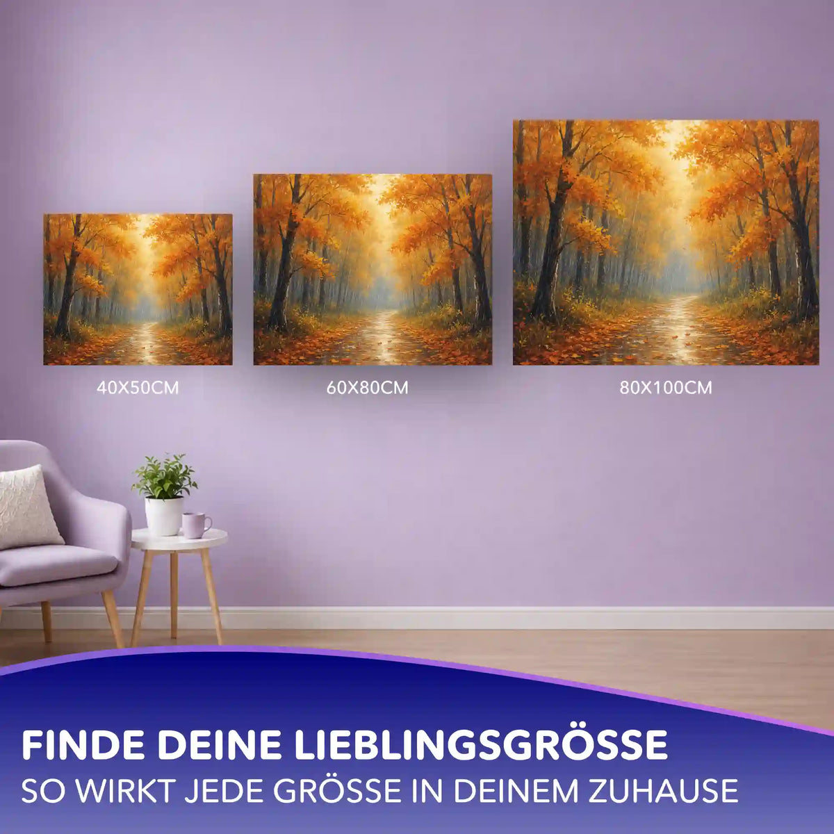 Malen nach Zahlen Herbstlicher Pfad: Größenvergleich der Herbstwald-Leinwand an der Wand bei Picmondoo.