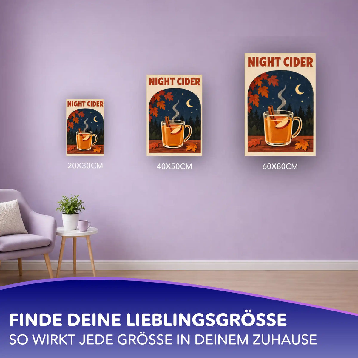 Malen nach Zahlen Night Cider in drei Größen an lila Wand: Glas Apfelpunsch mit Zimt, Mondsichel und Herbstlaub