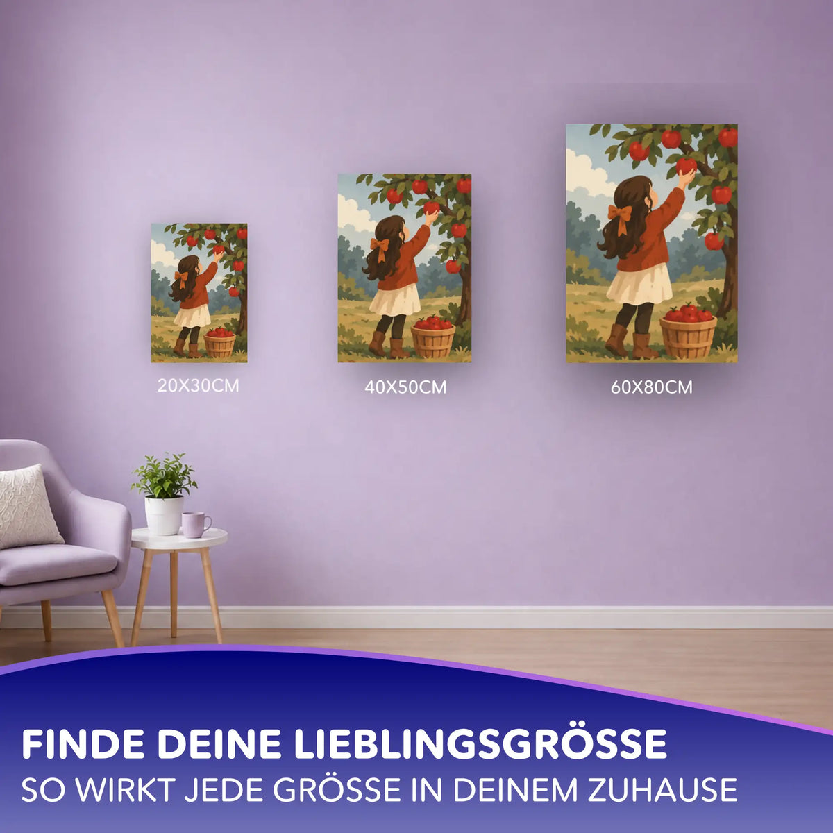 Malen nach Zahlen Set Mädchen pflückt Äpfel, Wandbilder in 20x30, 40x50 und 60x80 cm an lila Wand