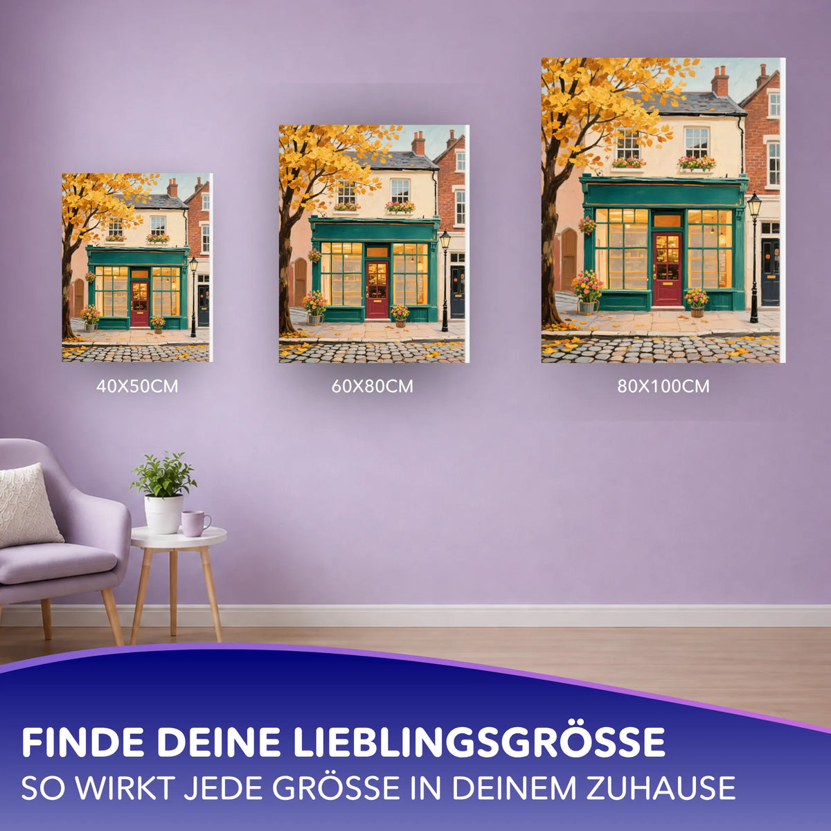 Malen nach Zahlen für Erwachsene: Herbstliches Laden-Motiv in verschiedenen Größen an einer Wand präsentiert.