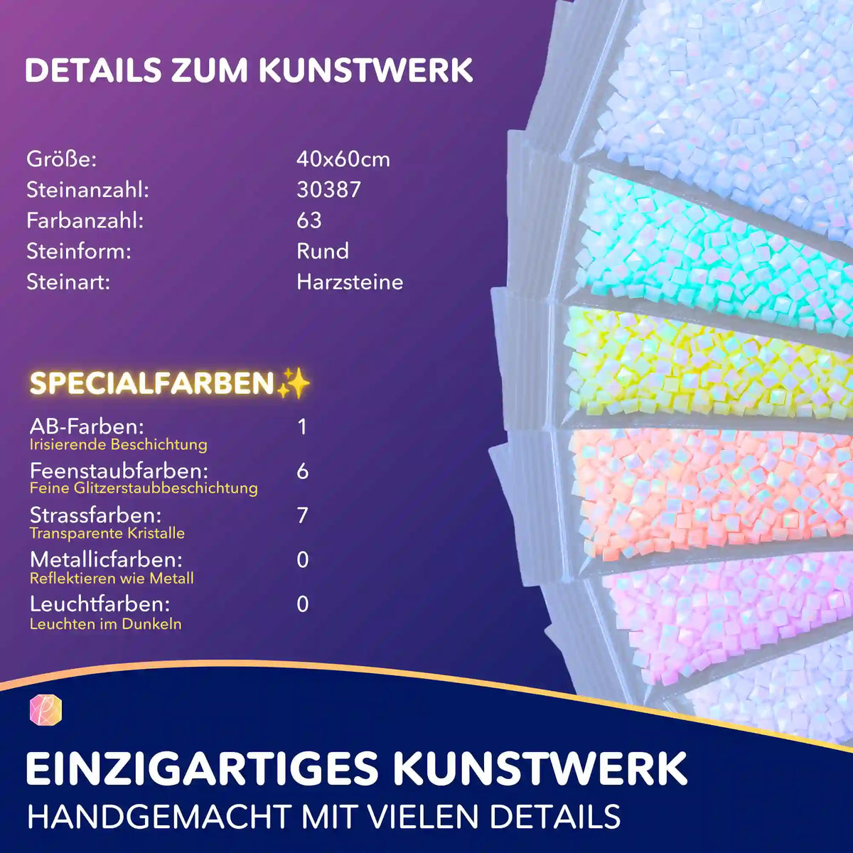 Diamond Painting Set Leuchten lernen mit 40x60cm runden Glitzersteinen, Feenstaubeffekt und bunten Kristallen für DIY-Kunst