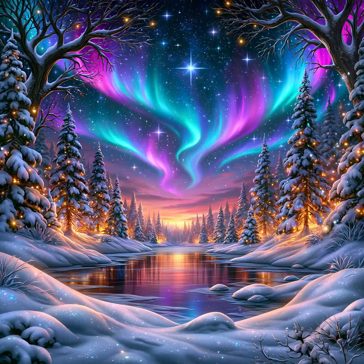 XXL Diamond Painting Winterlandschaft mit Polarlichtern, verschneitem Tannenwald und magischem Sternenhimmel.