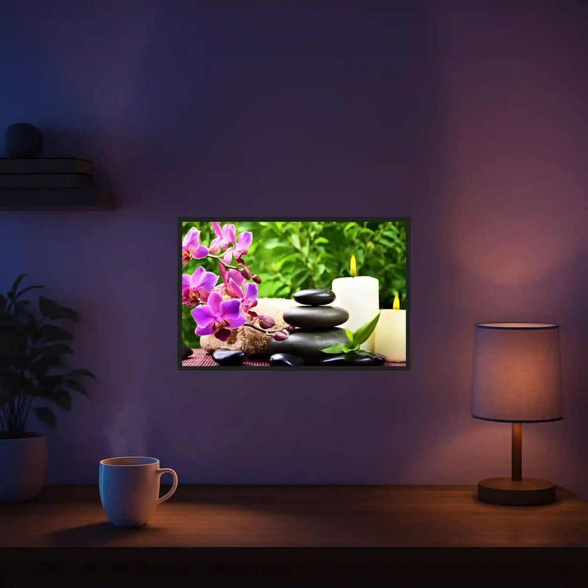 Diamond Painting Set Oase der Entspannung mit Orchideen, Zen-Steinen und Kerzen als stimmungsvolle Wanddekoration