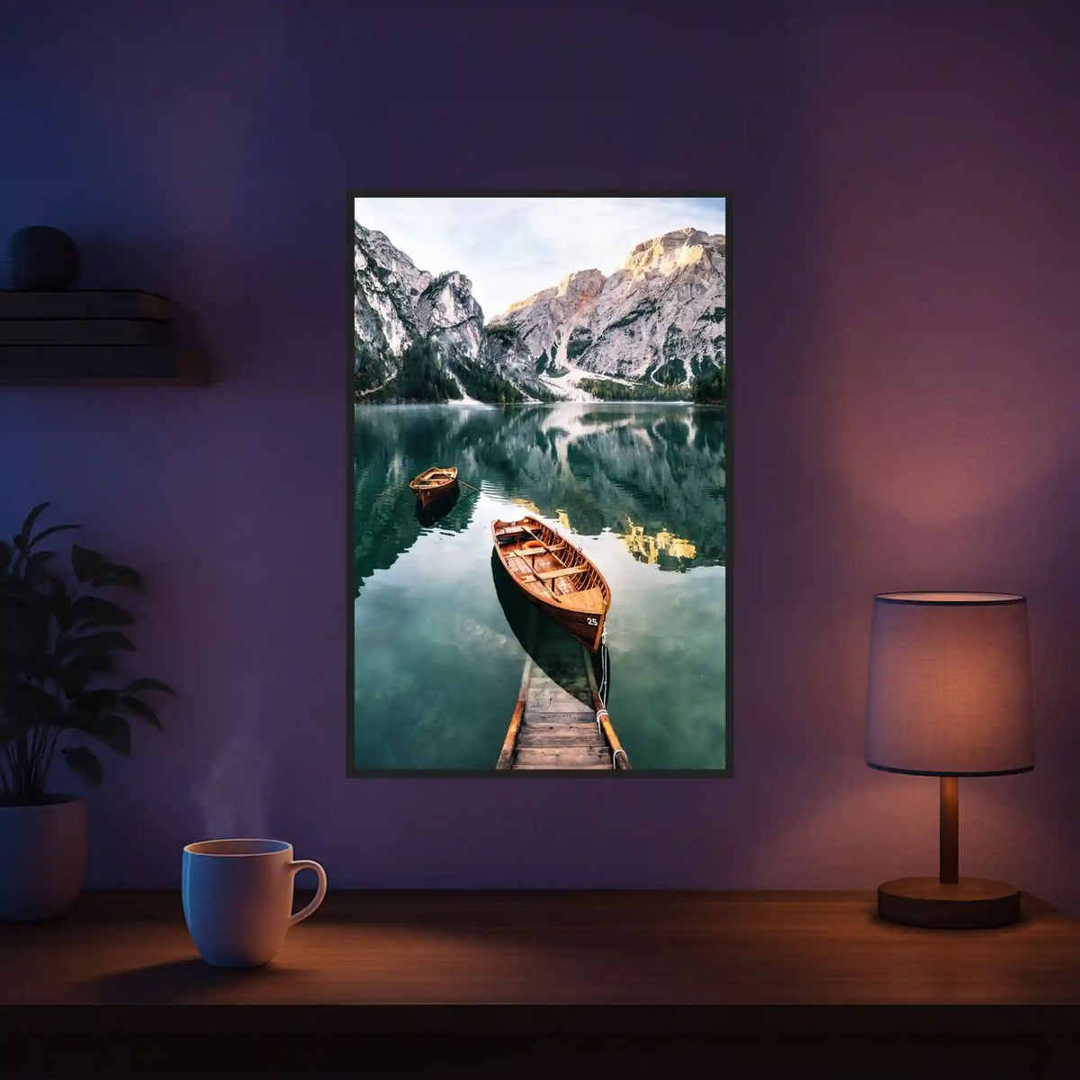 Diamond Painting Landschaft-Motiv mit Boot, Steg und Bergen am See-Ufer, quadratische Steine, 40x60cm