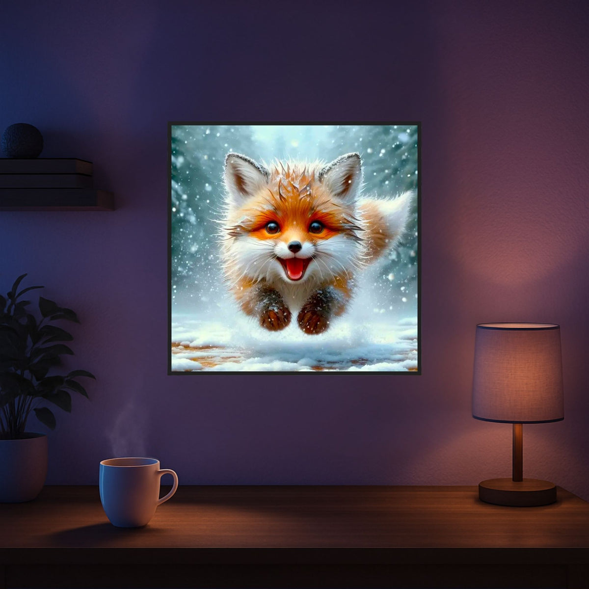 Diamond Painting Set kleiner Fuchs im verschneiten Winterwald als gerahmtes Wandbild für kreative Hobby-Bastler