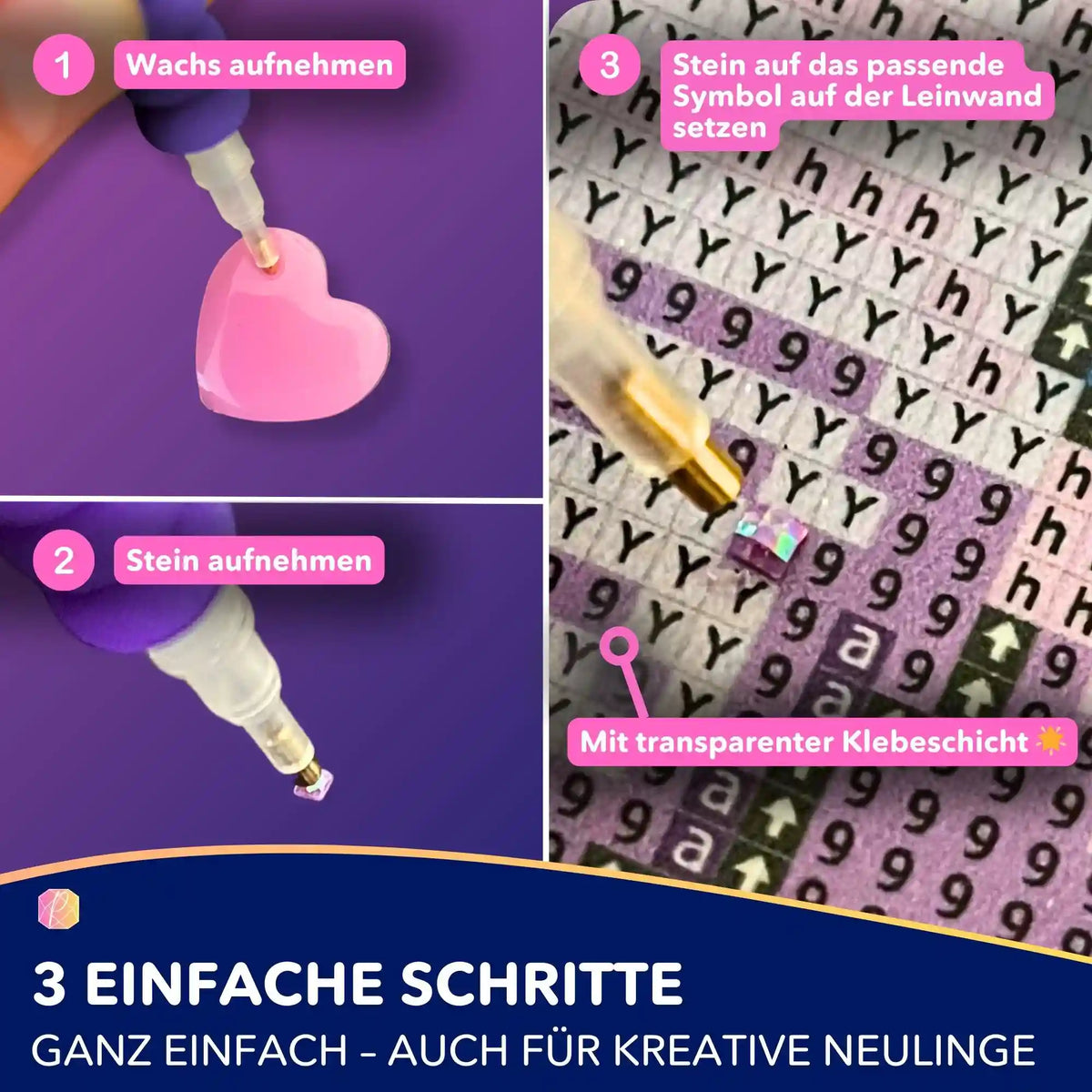 Anleitung für Diamond Painting: Wachs aufnehmen, Stein mit dem Stift greifen und auf das Leinwand-Symbol setzen.