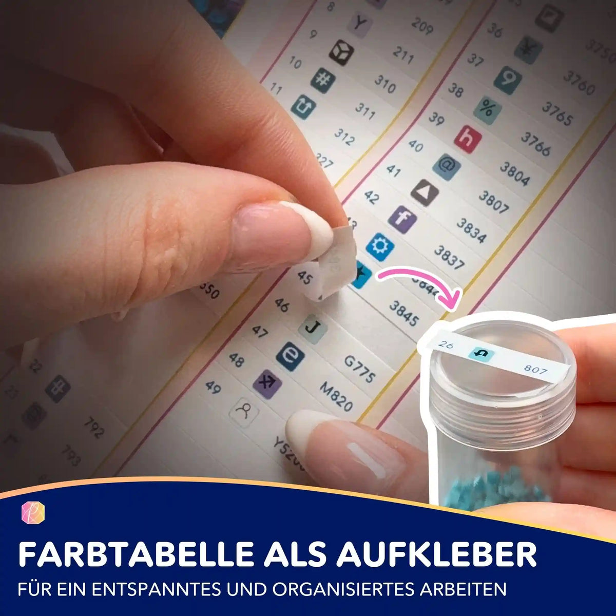 Diamond Painting Zubehör: Praktische Farbtabelle als Aufkleber für Steinchenbehälter zur Organisation beim Basteln