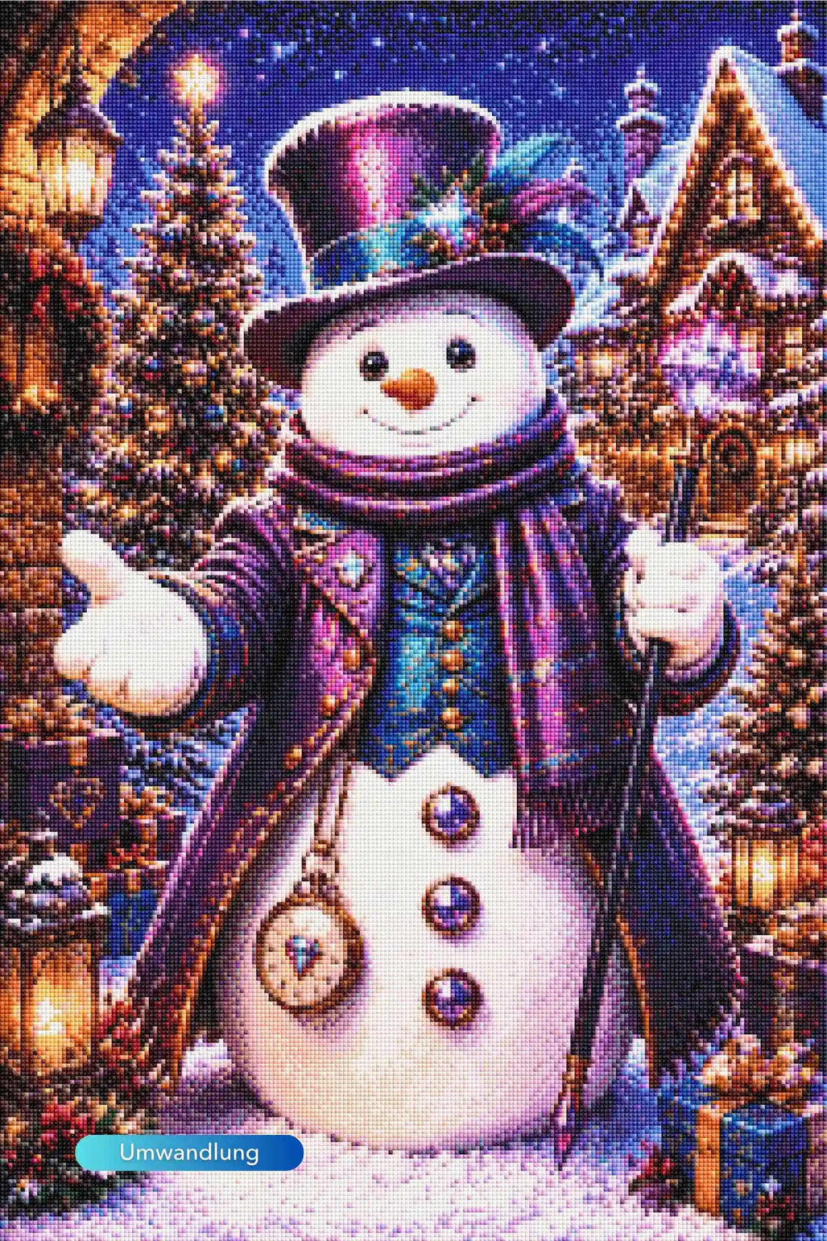 Diamond Painting Schneemann in Winterlandschaft mit Weihnachtsbaum, Laternenlicht und funkelnden Edelsteinen.