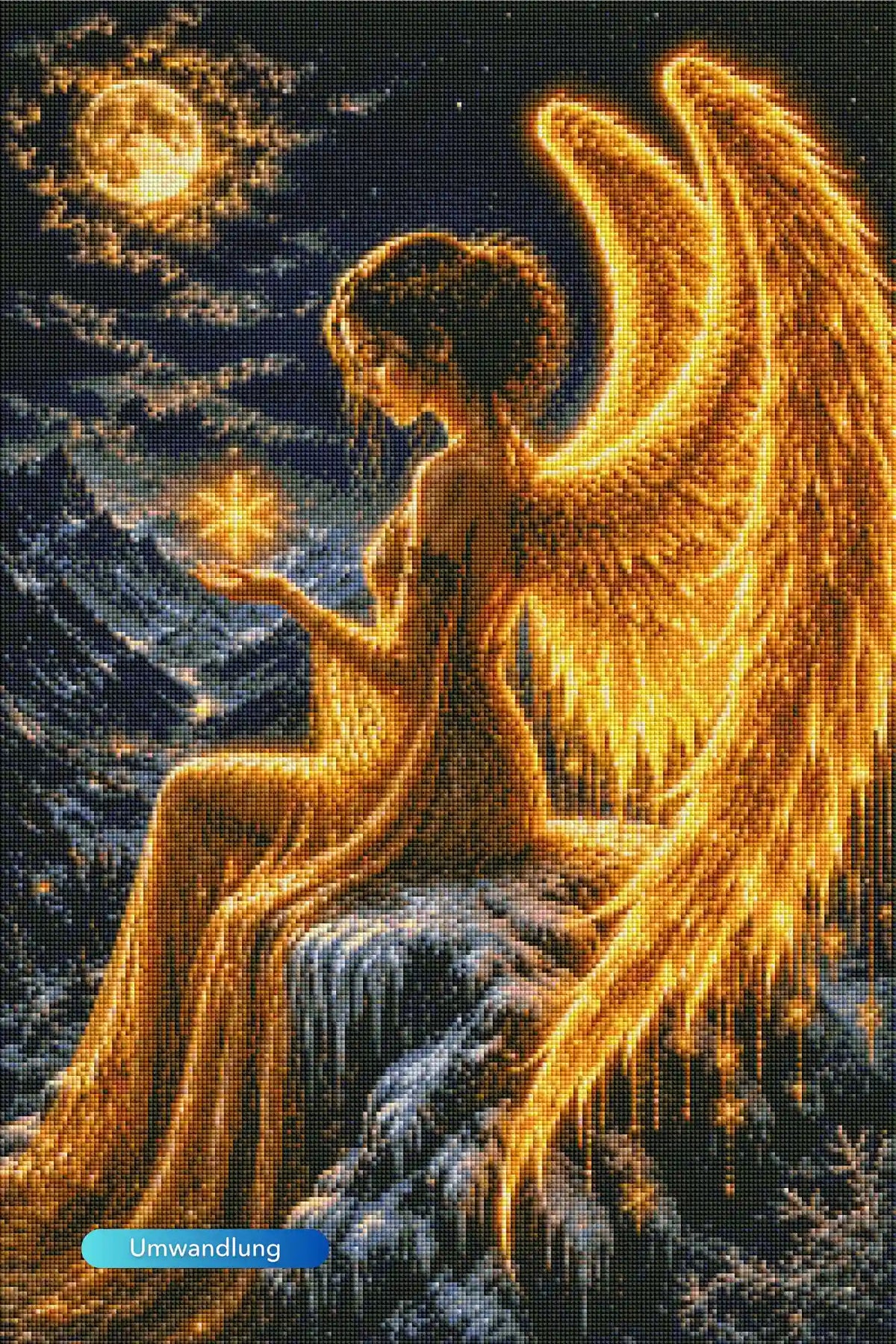 Diamond Painting Set mit goldenem Engel, Fantasy-Motiv bei Vollmond in einer Winterlandschaft mit magischem Licht.