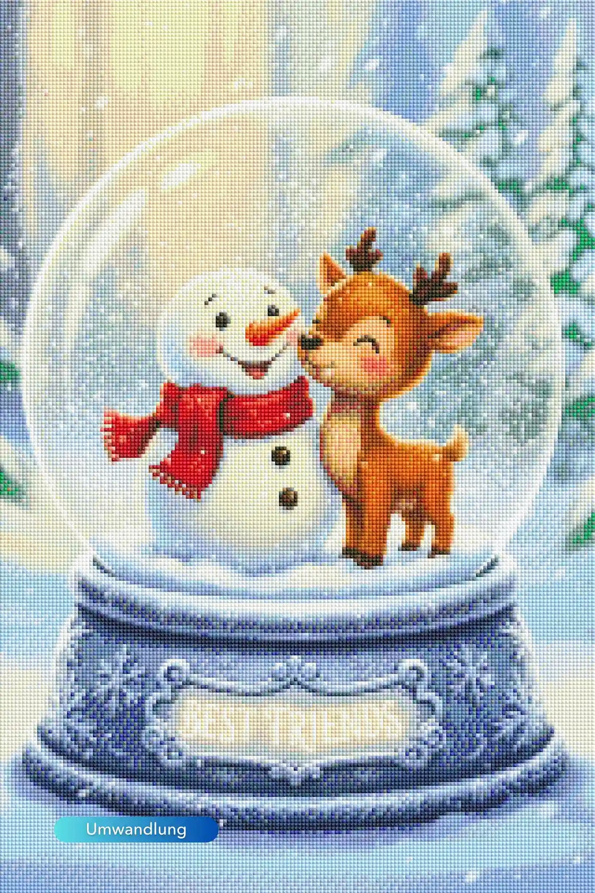 Diamond Painting Set mit Schneekugel-Motiv: Niedlicher Schneemann und Rentier im Winterwald als magisches Winterbild.