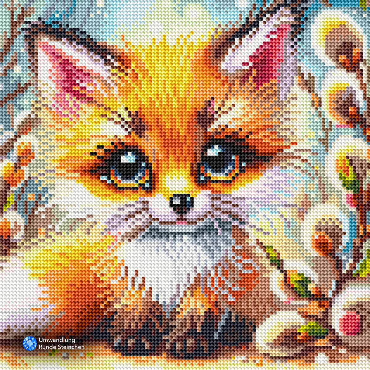 Diamond Painting Set mit niedlichem Baby-Fuchs, flauschigem Fell und leuchtenden runden Steinchen in einer Frühlingslandschaft