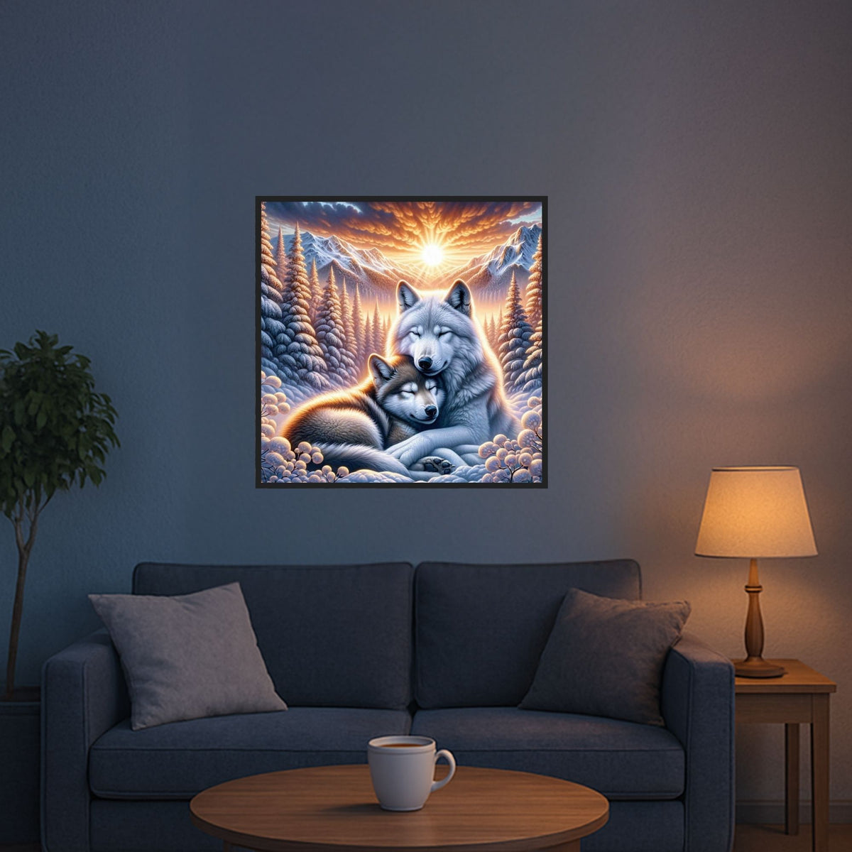 Diamond Painting Set mit ruhendem Wolfspaar in winterlicher Berglandschaft bei Sonnenaufgang als Wanddekoration