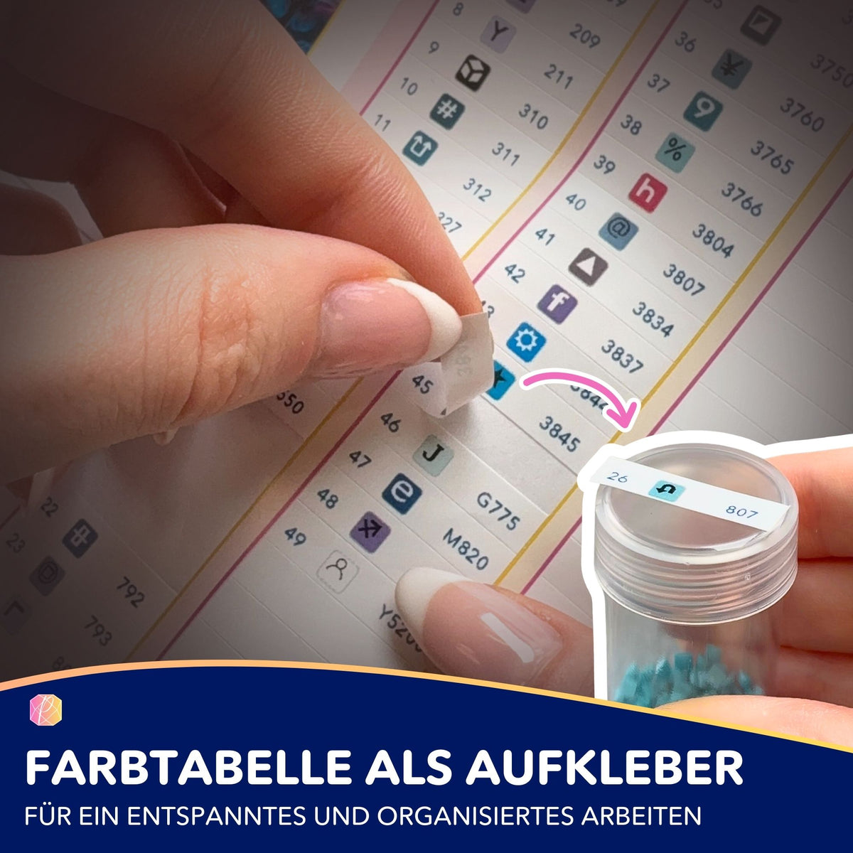 Diamond Painting Zubehör: Praktische Farbtabelle als Aufkleber für Steinedöschen zur einfachen Organisation