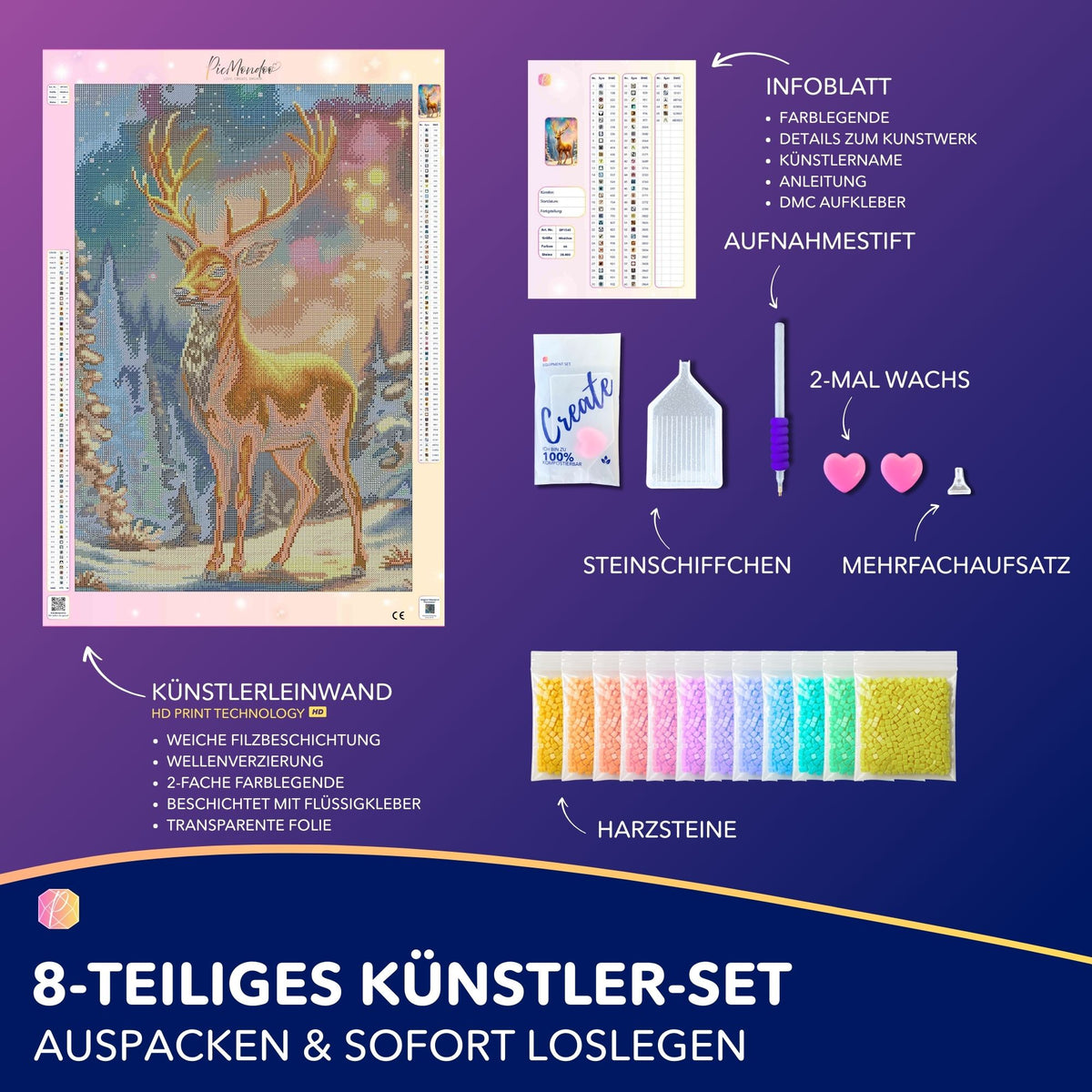 Diamond Painting Set Golden Hirsch mit Leinwand, Glitzersteinen und Zubehör für ein winterliches Wald-Motiv.