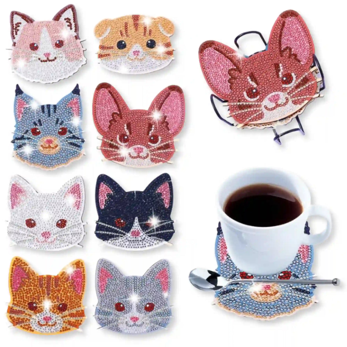 Diamond Painting Untersetzer Set Katz und Maus mit funkelnden Strasssteinen in verschiedenen Katzen-Designs