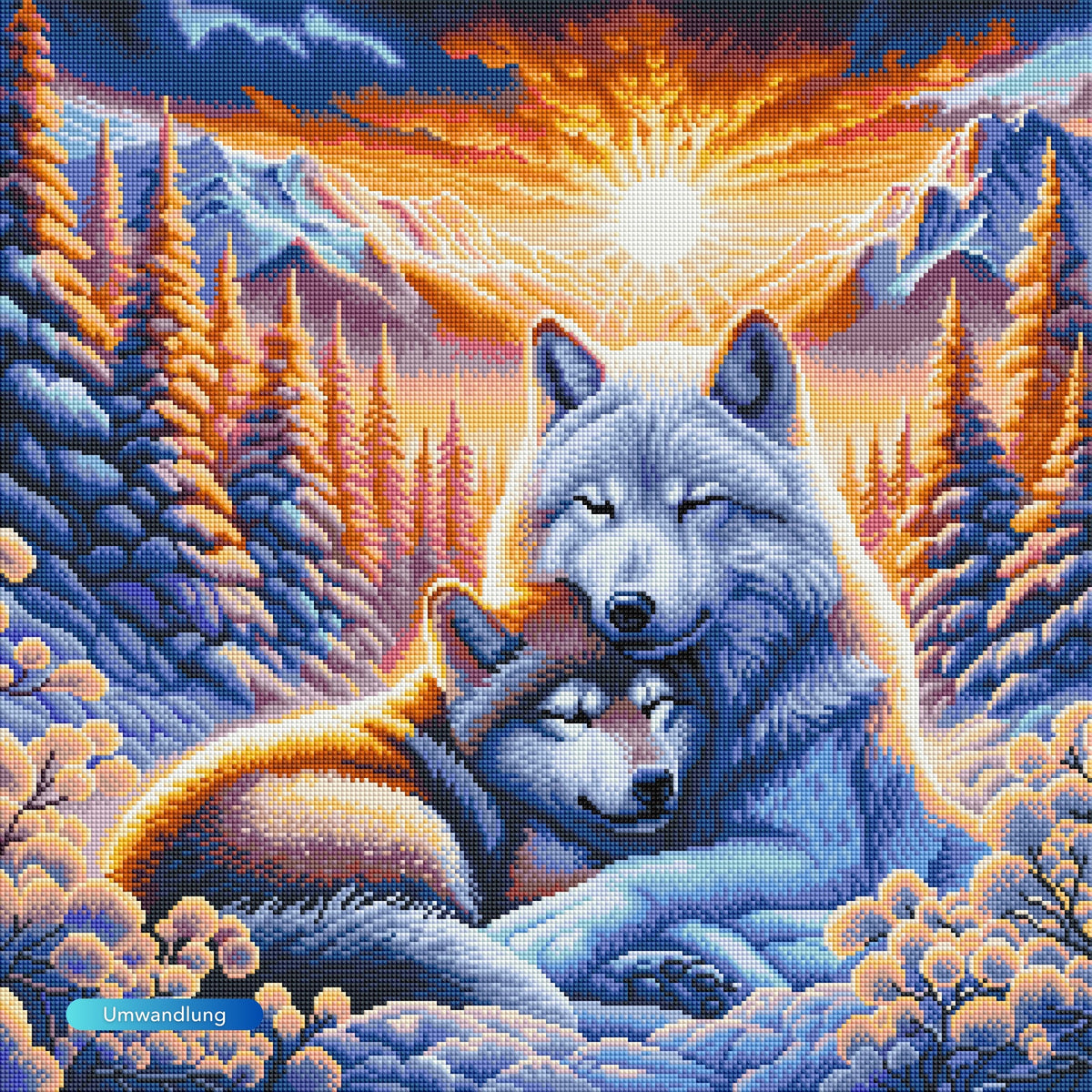 Diamond Painting Set mit liegendem Wolfspaar in verschneiter Winterlandschaft und goldenem Sonnenaufgang