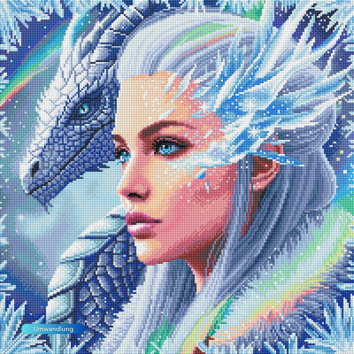 Diamond Painting Dragon Queen mit funkelnden Steinen, mystische Winterkönigin mit blauem Drachen im Eis-Design.