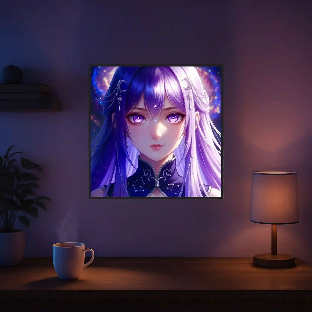 Diamond Painting Set Anime Mädchen mit lila Haaren und Mondschmuck vor einem leuchtenden Galaxie-Hintergrund