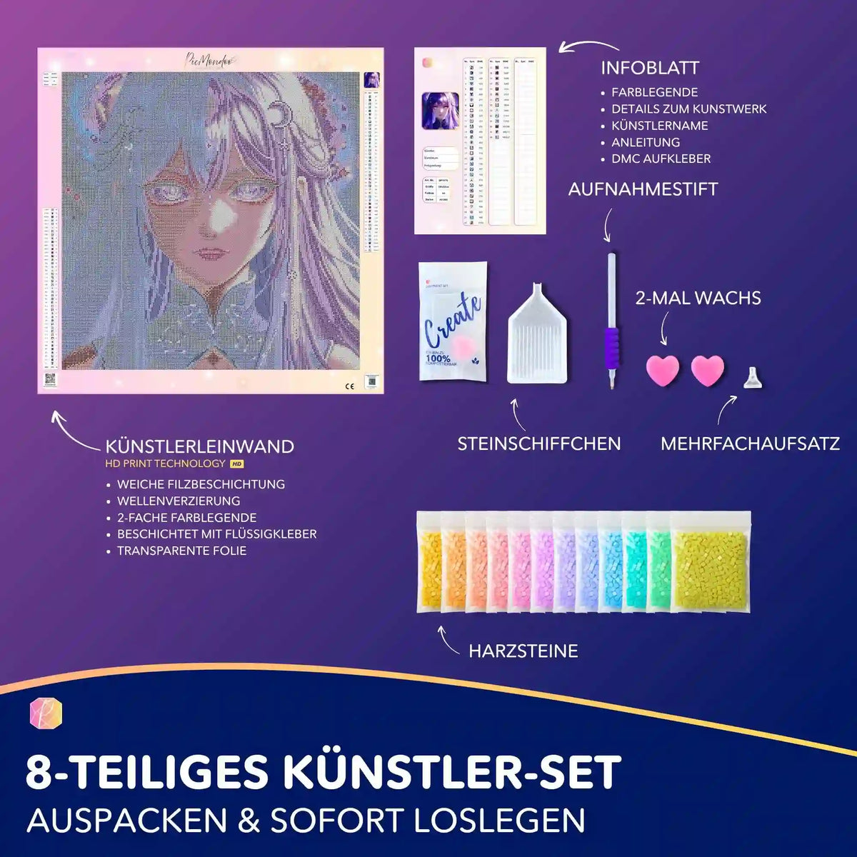 Diamond Painting Set Purple Moon Star mit Anime Mädchen Motiv, Leinwand, bunten Harzsteinen und komplettem Zubehör.