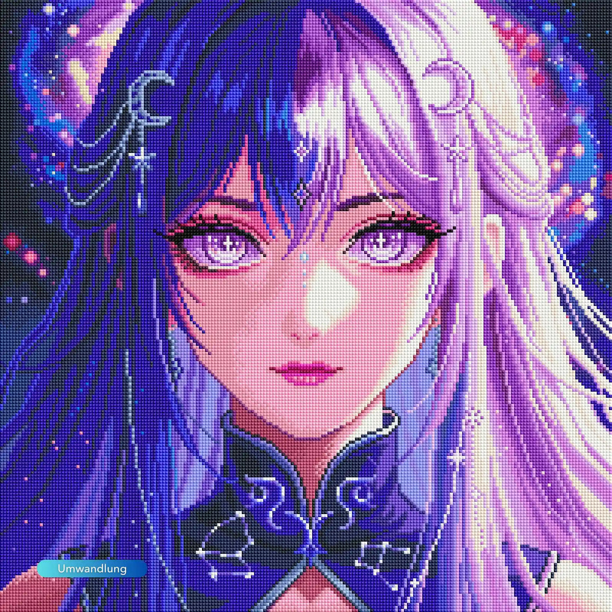 Diamond Painting Set Anime Mädchen mit lila Haaren, Mondsichel-Schmuck und Galaxie-Hintergrund in leuchtenden Farben.