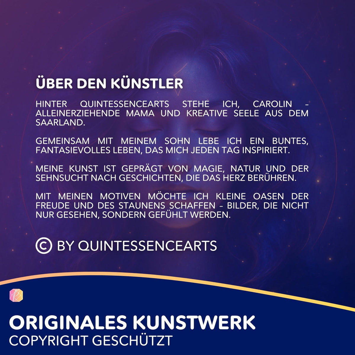 Künstlerporträt für Diamond Painting Sets von QuintessenceArts mit Fokus auf kreative Illustrationen und DIY-Kunstwerke.