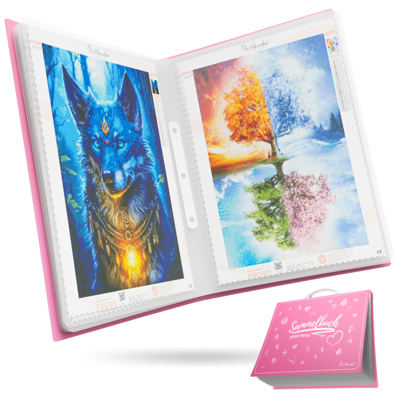 Rosa Diamond Painting Sammelbuch zur sicheren Aufbewahrung von fertiggestellten 5D Diamond Painting Bildern und Kunstwerken.
