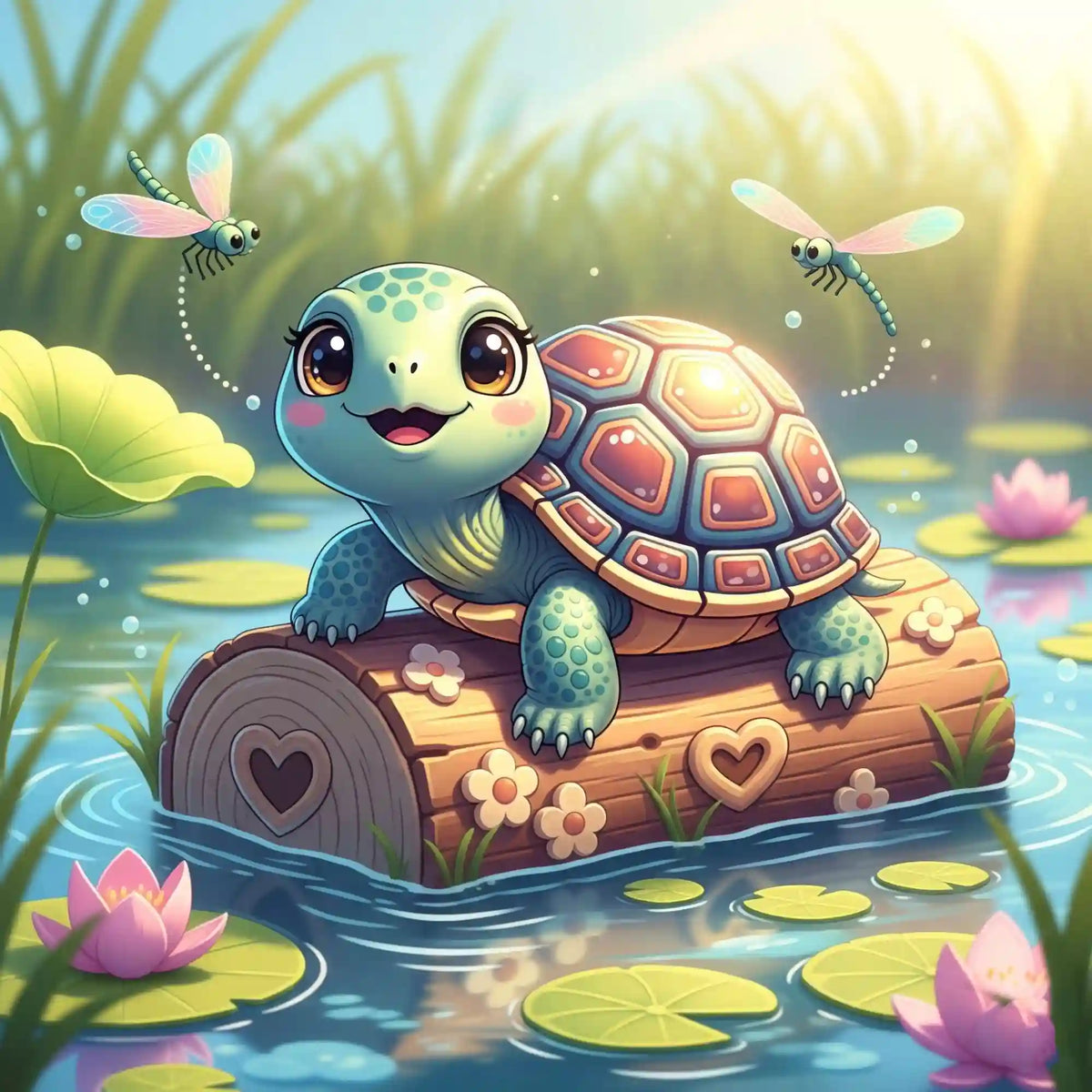 Diamond Painting Set Schildkröte Karla als süßes Comic-Motiv mit Seerosen und Libellen im sonnigen Teich
