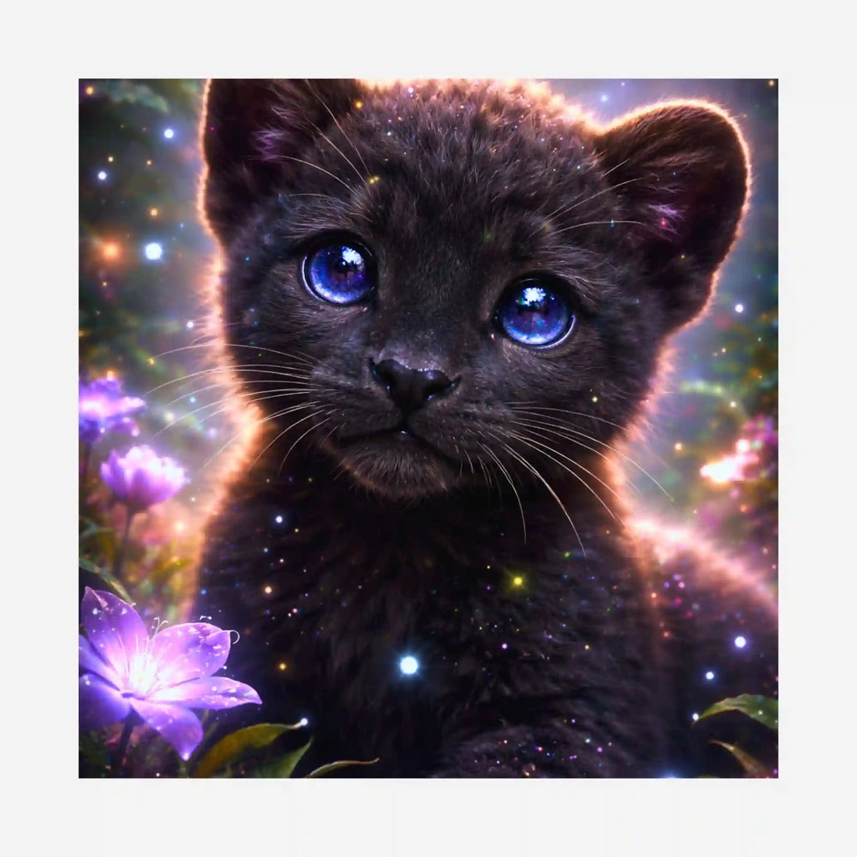Diamond Painting Motiv: Süßes Pantherbaby mit leuchtend blauen Augen, violetten Blumen und Glitzerfunken