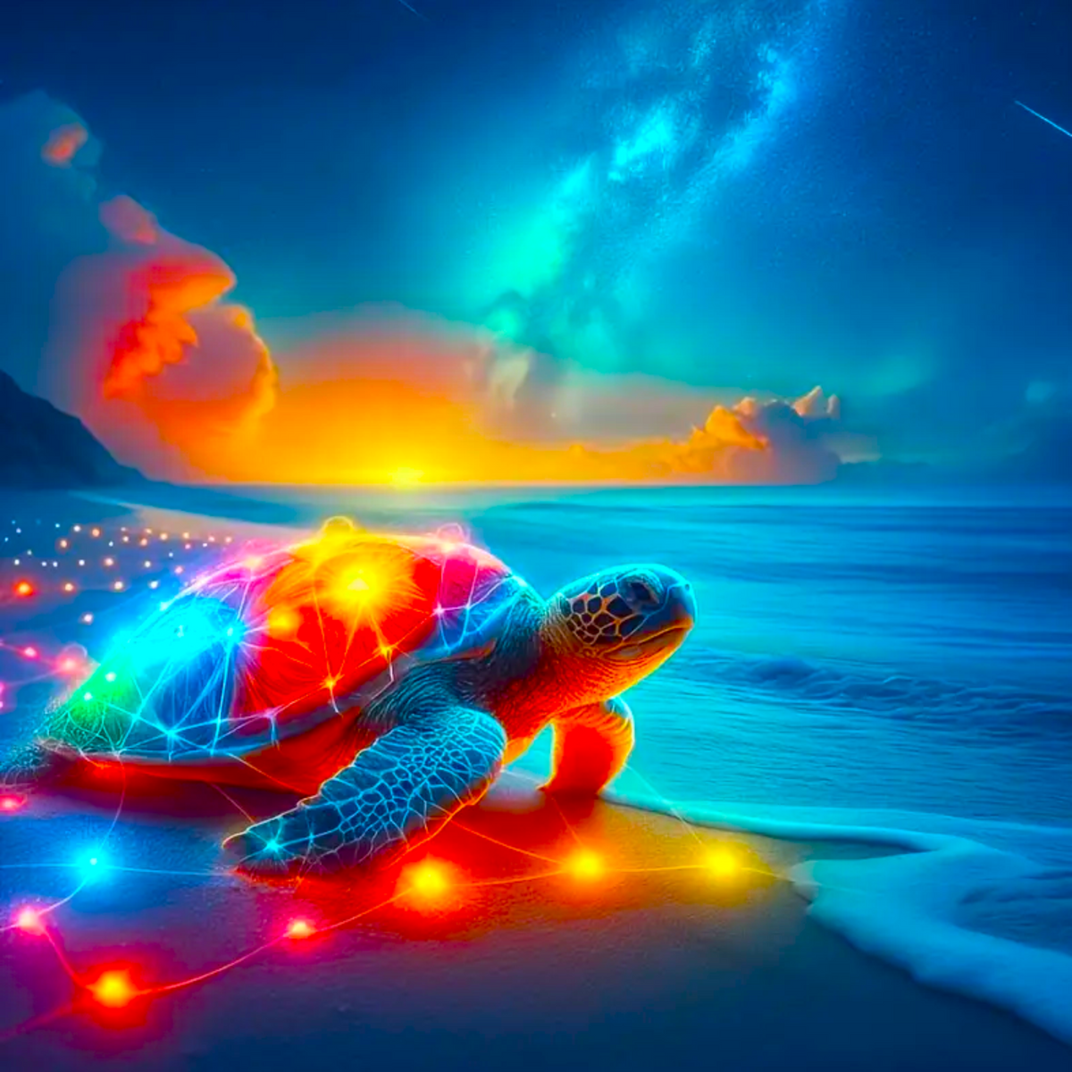 Diamond Painting Set mit bunter Schildkröte am Strand bei Sonnenuntergang, funkelnde Strasssteine und leuchtende Farben.